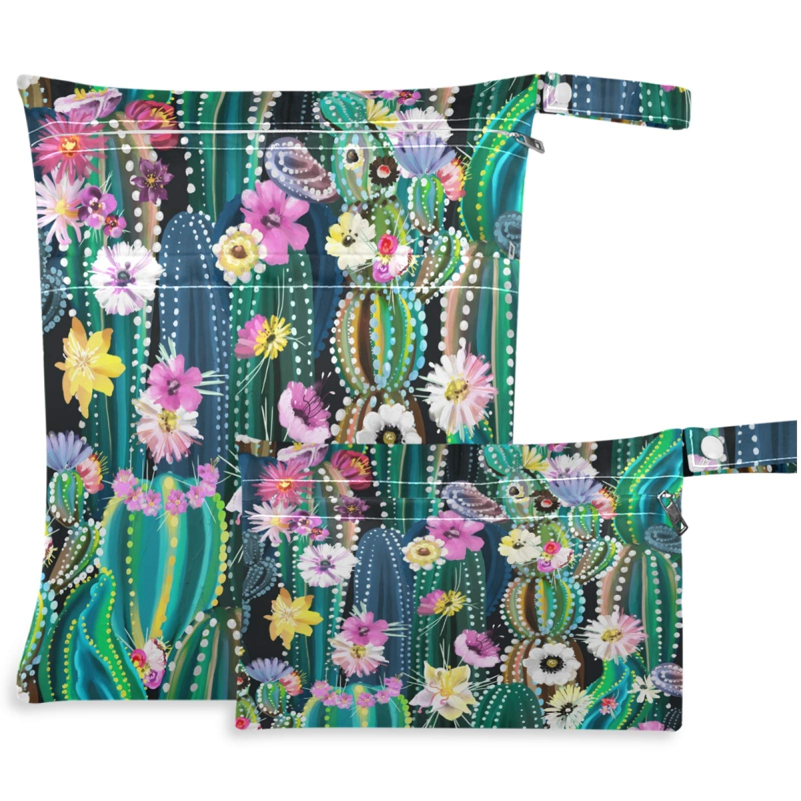 Visesunny 2-Pack Green Cactus Wet Bags with Zippered Pockets - Reusable & Washable Waterproof Storage for Travel, Beach, Pool, Gym | Perfect for Diapers, Swimsuits, Toiletries & Dirty Clothes | Daycare, Stroller & Sports Essentials