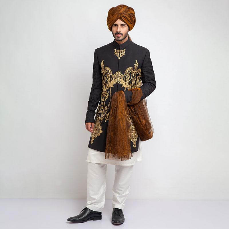 Black Slim Fit Short Sherwani for Men - Elegant Traditional Indian Wedding Outfit for Groom, Festivals & Special Occasions