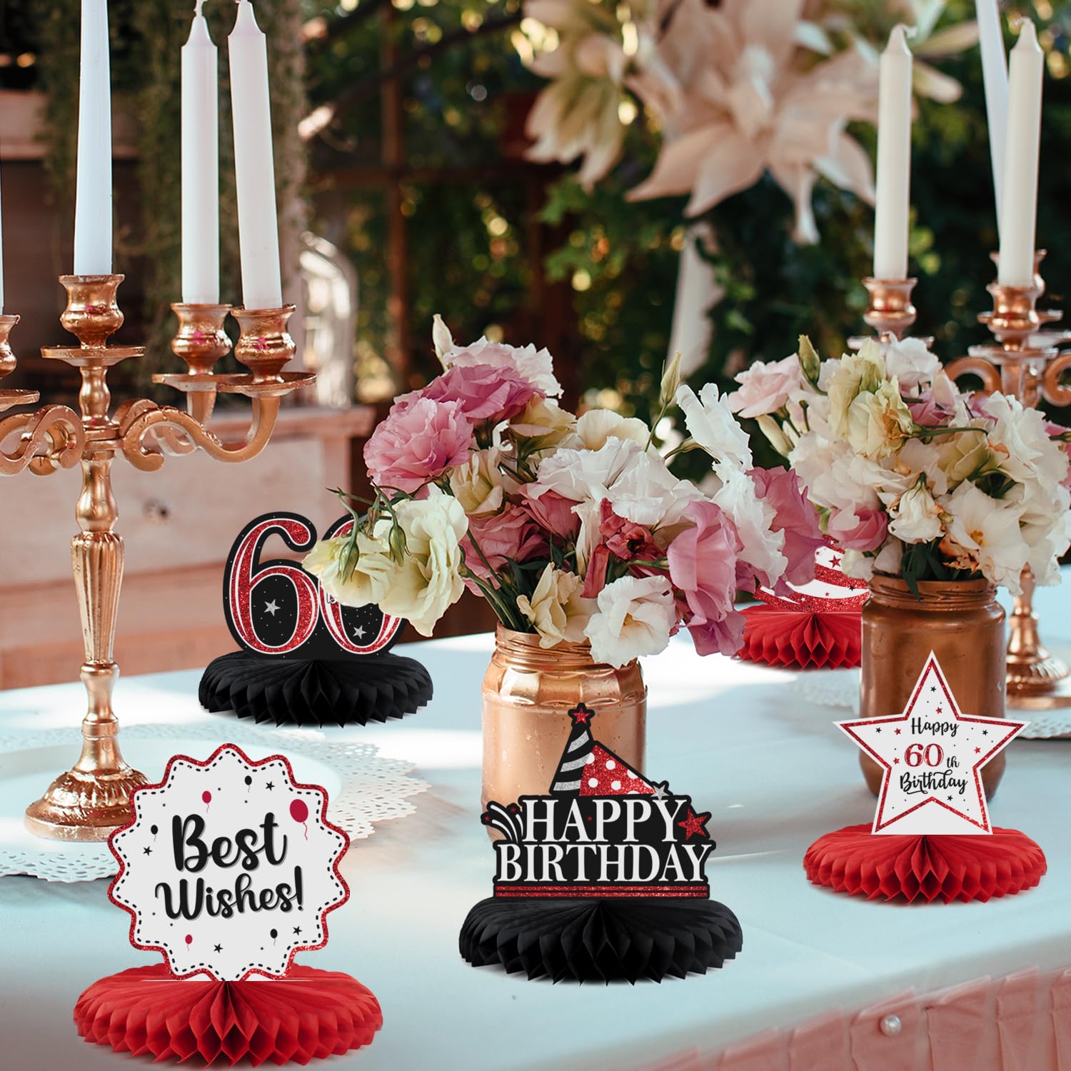 60th Birthday Party Decorations - Glitter Shiny Honeycomb Table Centerpieces for Sixty Years Old Celebration - Red Glitter Photoprop Sign - Perfect for Milestone Birthday Parties, Retirement Celebrations & Anniversary Events