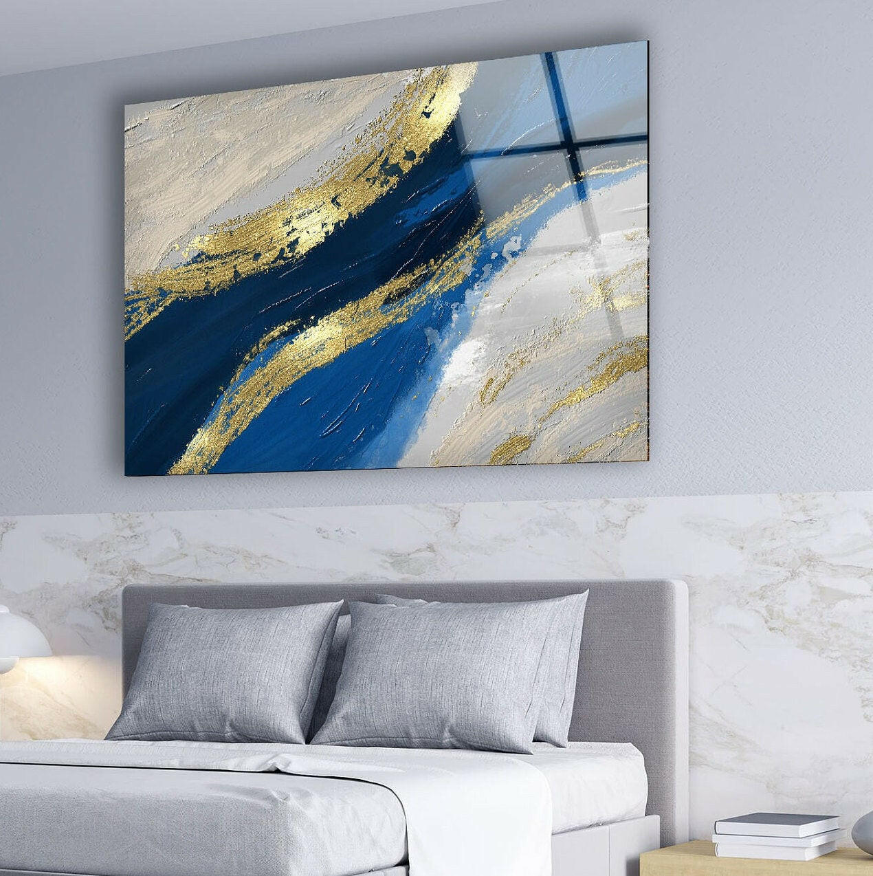 Blue and Gold Modern Art Glass Wall Decor - Elegant Handmade Glass Artwork for Living Room, Bedroom & Office Decor