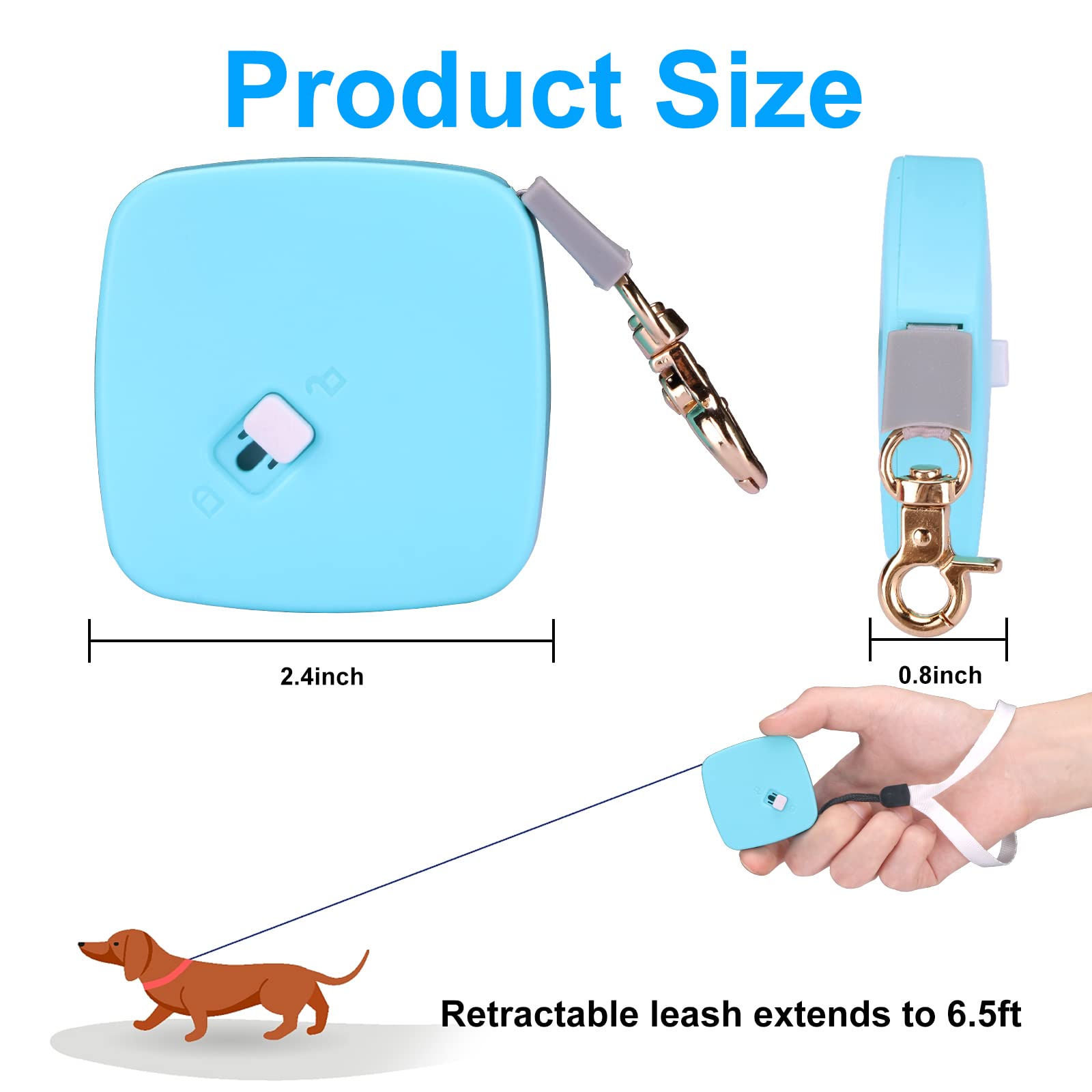 Retractable Dog Leash for Small Dogs & Cats up to 11lbs - 6.5ft Anti-Pull Nylon Tape Leash with Wrist Strap & One-Hand Brake - Hands Free, Portable Walking Leash for Puppies & Kittens (Blue Square) - Perfect for Daily Walks, Jogging & Outdoor Adventures