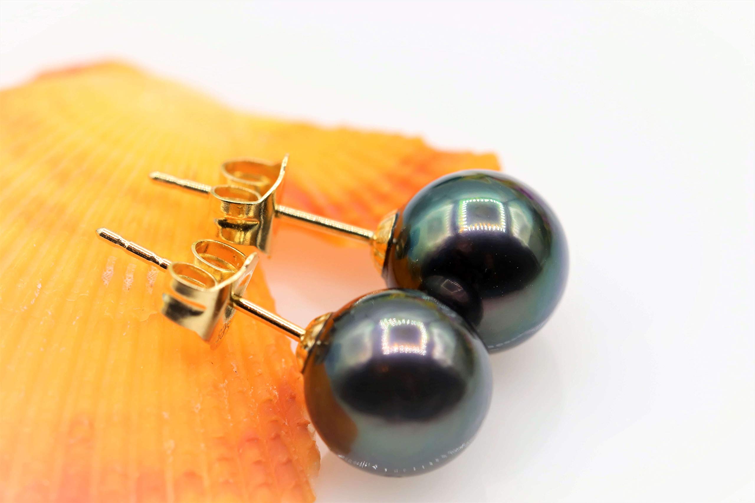 14K Gold Tahitian Black Pearl Stud Earrings for Women - Round Cultured Pearl Earrings for Birthday, Anniversary, Wedding & Special Occasion Gifts