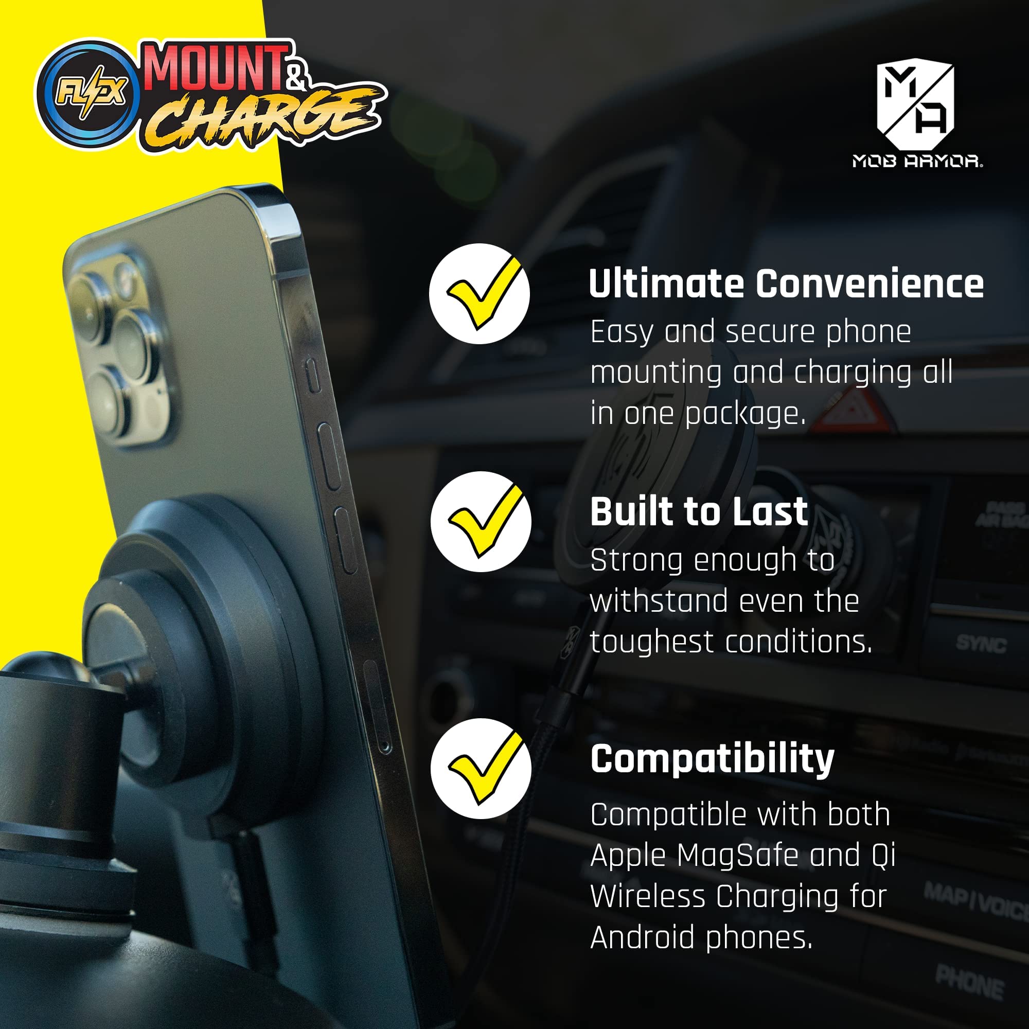 Mob Armor MobNetic Maxx Magnetic Phone Mount & Wireless Car Charger Kit - Compatible with iPhone & Android - Secure Hands-Free Charging for Driving, Commuting & Road Trips