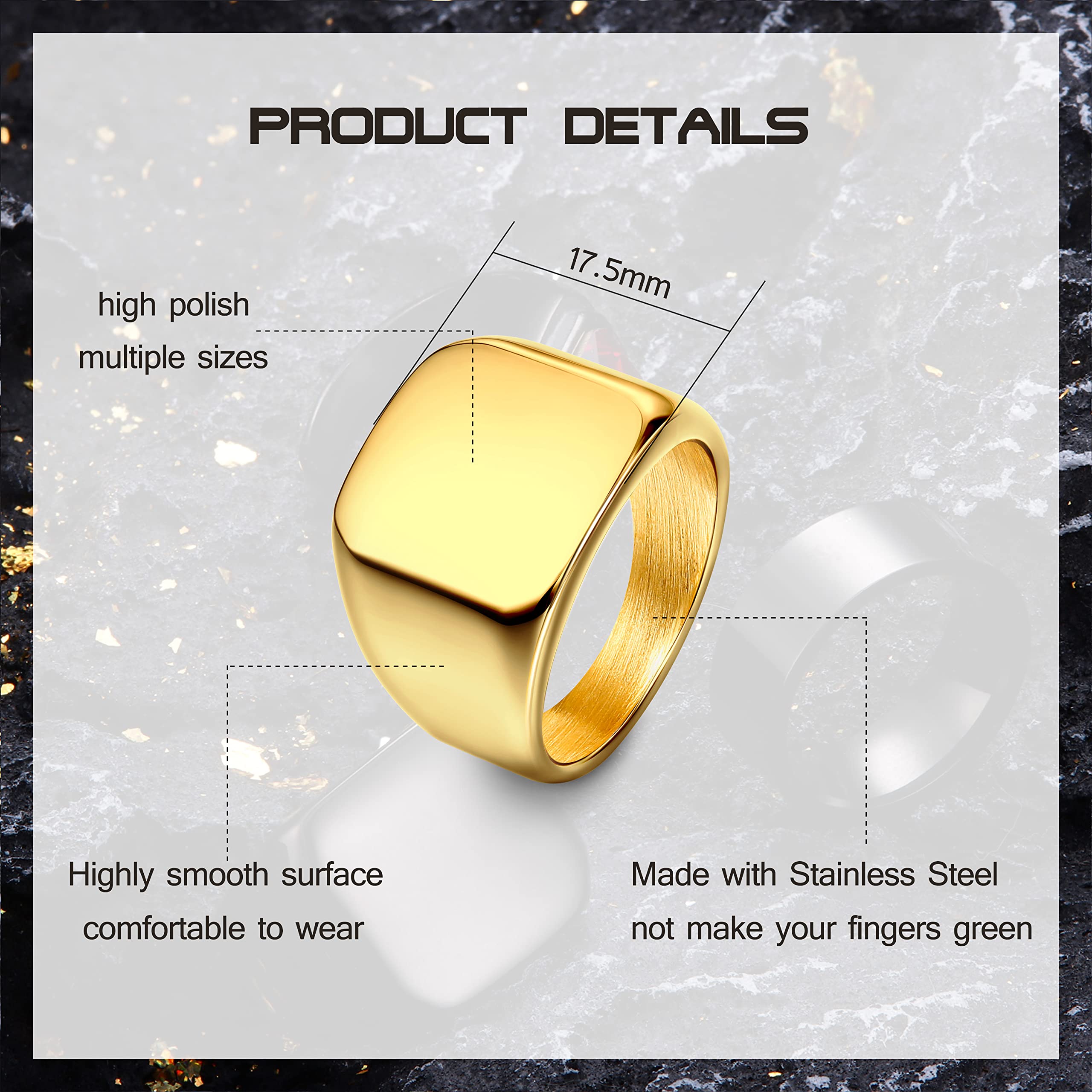 Dochais 3PCS Men's Stainless Steel Signet Rings - Biker, Square Agate Onyx Rings for Men - Solid Polished Retro Band Rings Set (Size 7-13) - Perfect for Casual Wear, Gifts & Fashion Accessories