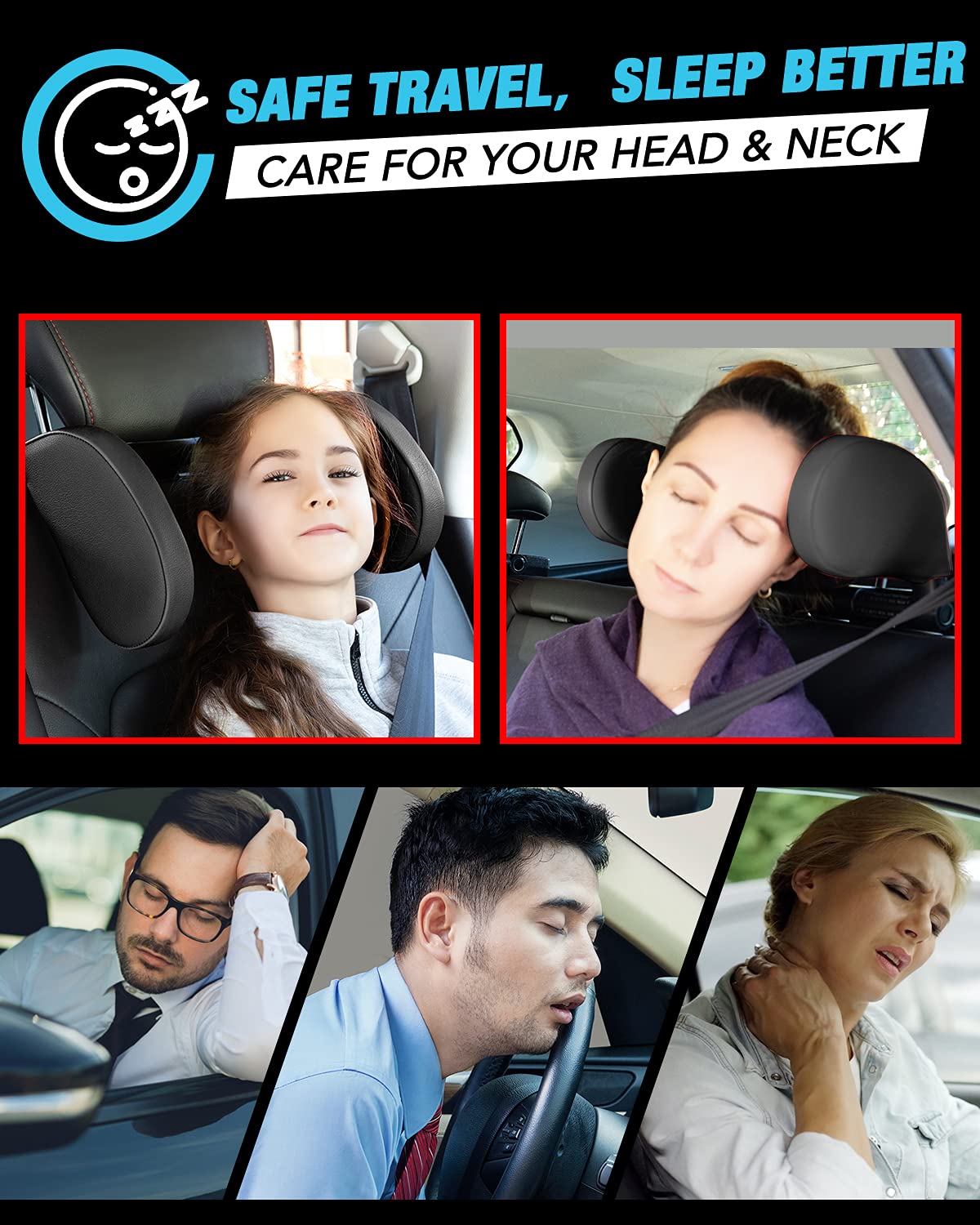 JZCreater 360° Adjustable Car Headrest Pillow - Memory Foam Neck Support Pillow for Adults & Kids - Travel Sleeping Cushion for Long Trips - Universal Car Seat Headrest (Black) | Perfect for Road Trips, Commuting & Airplane Travel