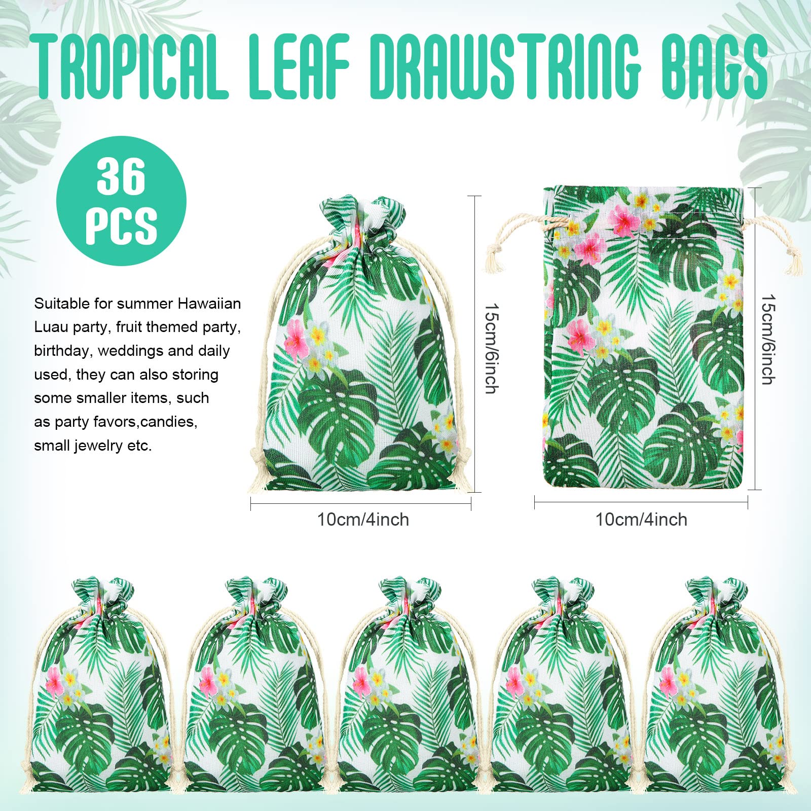36 Pcs Hawaiian Tropical Gift Bags 4x6 Inch - Small Luau Party Favor Bags with Drawstring - Summer Palm Leaf Treat & Jewelry Pouches for Luau Birthday, Beach Party, Bridal Shower & Tropical Themed Events