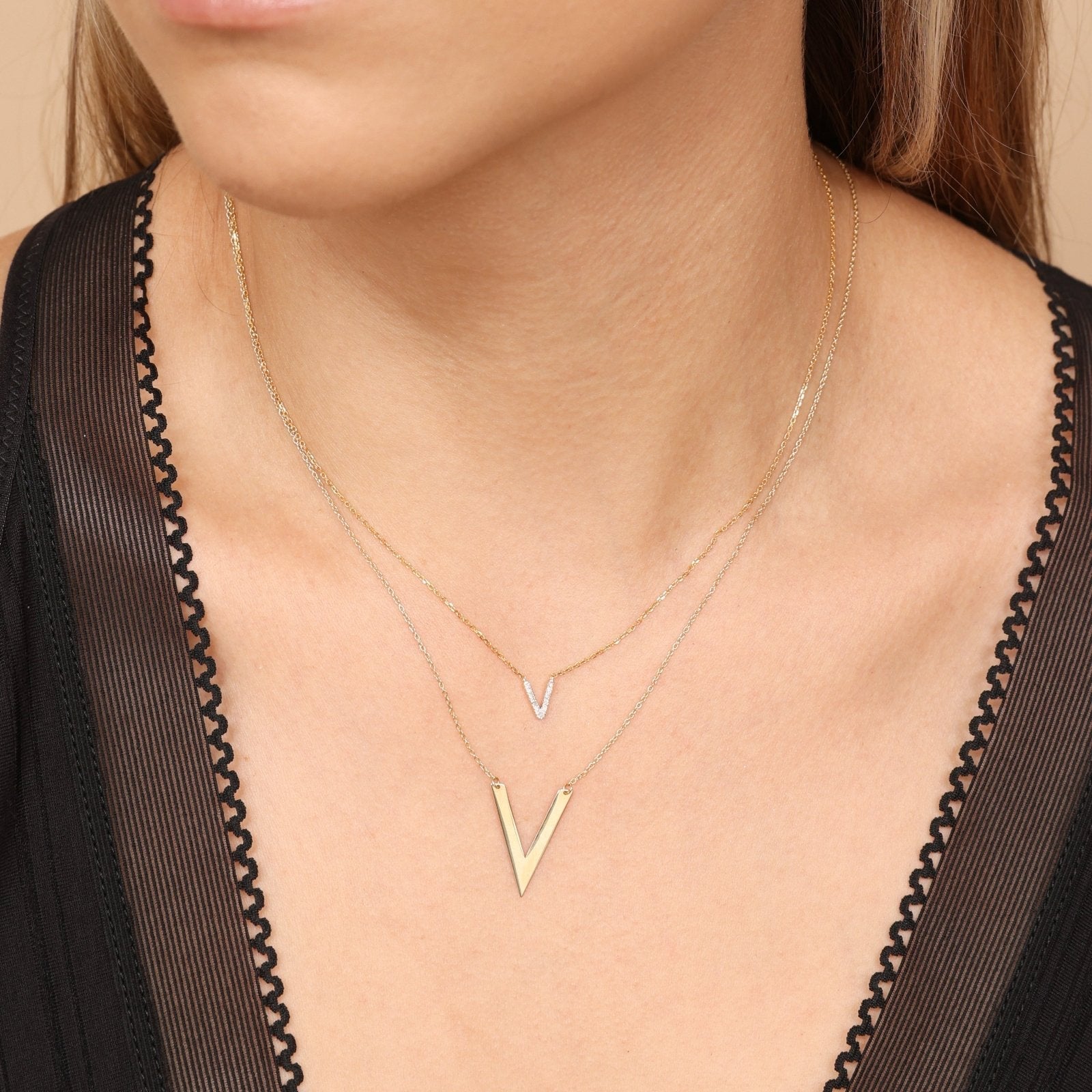 14K Solid Yellow Gold Chevron V Station Necklace for Women - Elegant Layering Piece for Everyday Wear, Date Nights & Special Occasions