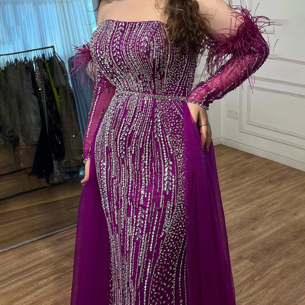 Elegant Lilac Mermaid Evening Dress with Feather Beaded Overskirt & Gloves - Women's Formal Gown for Prom, Wedding, and Special Occasions - LA72029