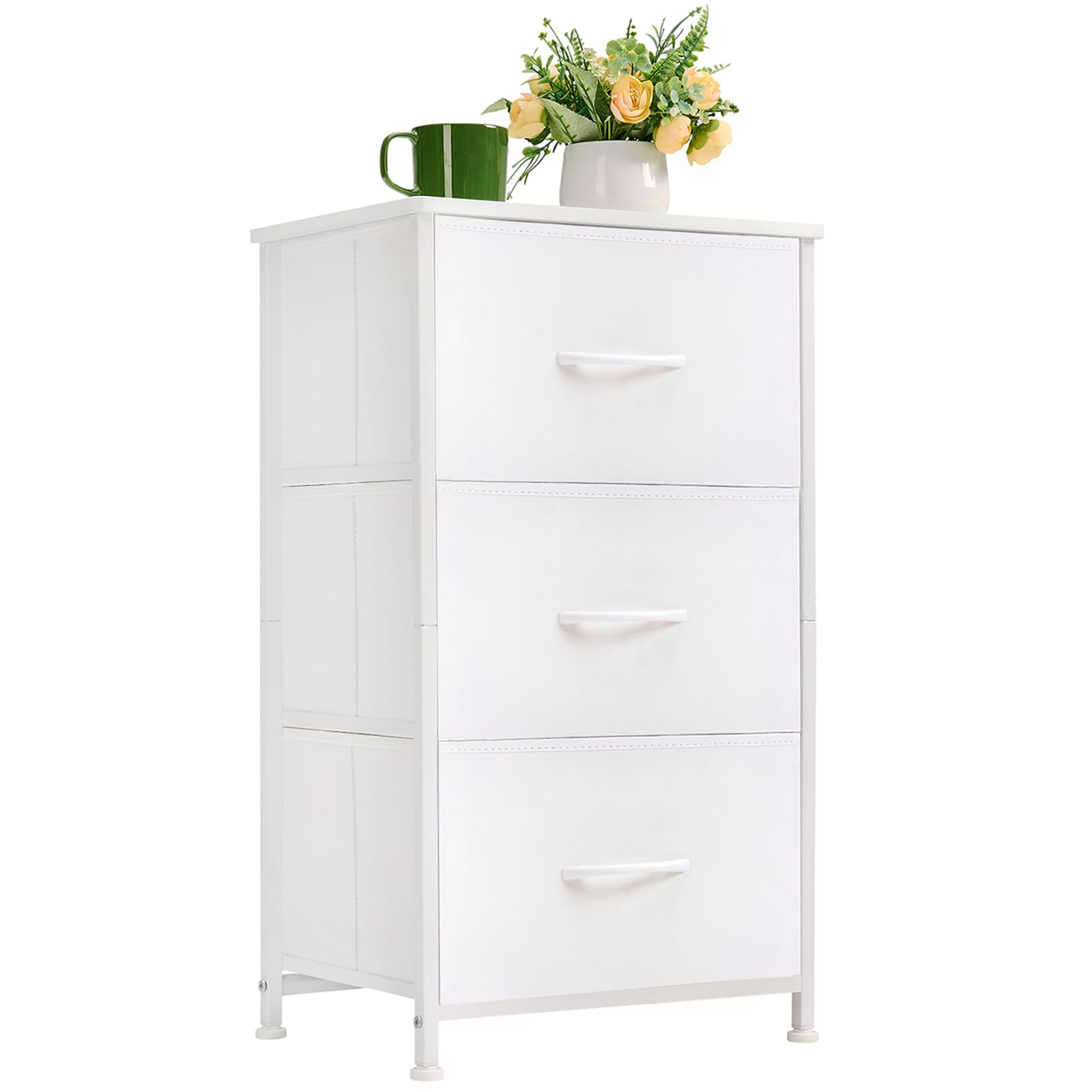 Somdot White Nightstand with 3 Drawers - Modern Bedside Table & Dresser for Bedroom, Dorm, or Closet - White Leather Finish with Fabric Bins | Perfect for Small Spaces, Guest Rooms & Apartment Living