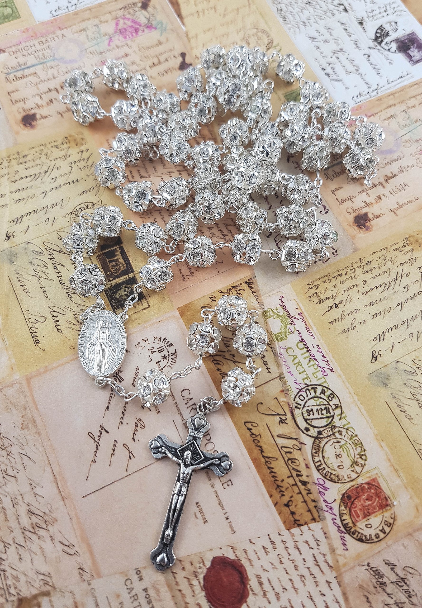 White Zircon Rosary Necklace with Miraculous Medal & Crucifix - Prayer & Gift