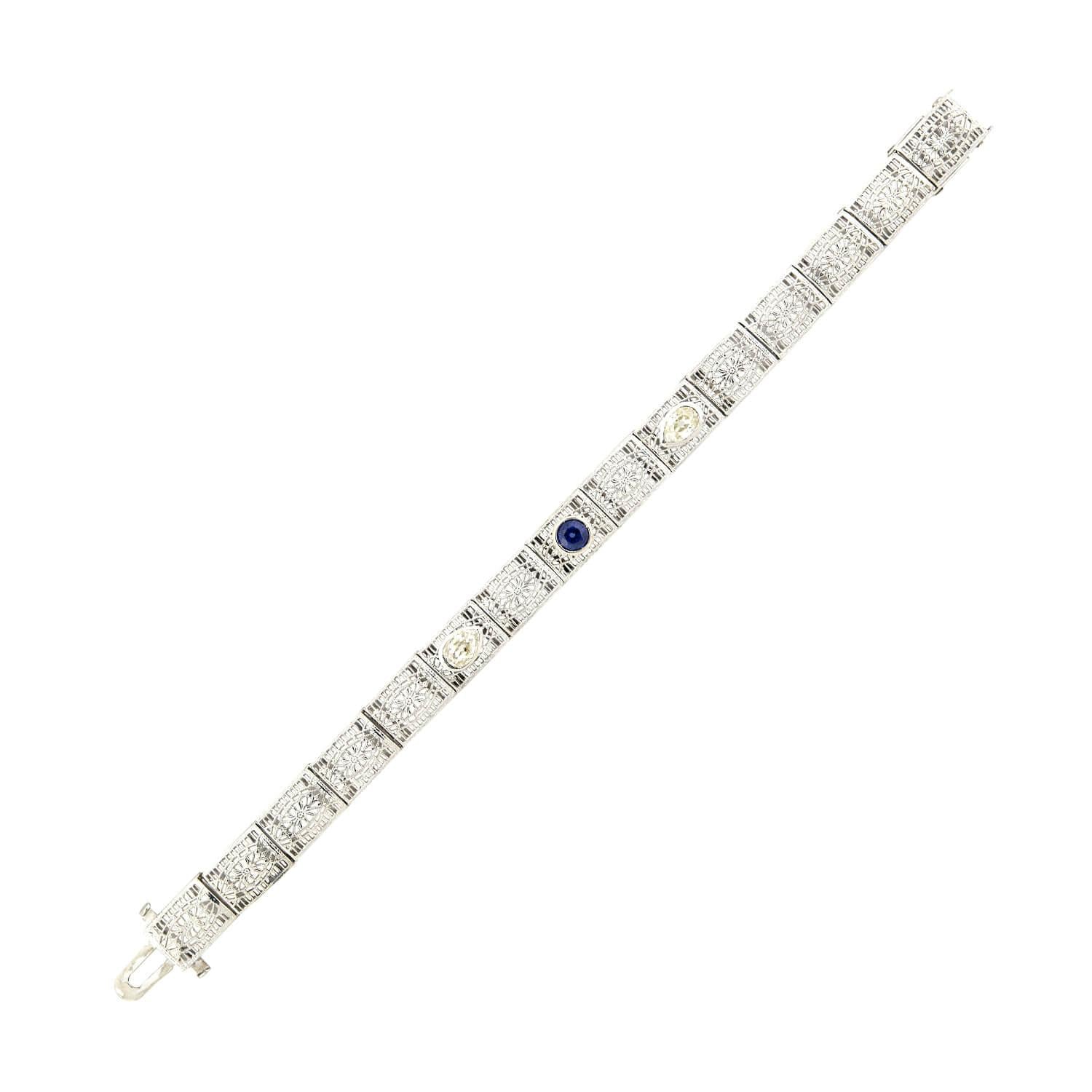 Art Deco 14k Gold Pear Cut Diamond & Sapphire Filigree Line Bracelet - Elegant Vintage Jewelry for Weddings, Parties & Special Occasions