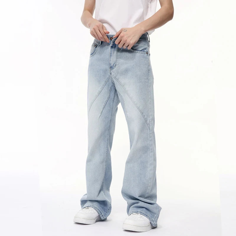 American Style Men's Jeans | Patchwork Design Straight Leg Denim Pants for Men | Wide Leg Casual Male Trousers | Stylish Streetwear (9C6400) | Perfect for Everyday Wear, Urban Fashion & Casual Outings
