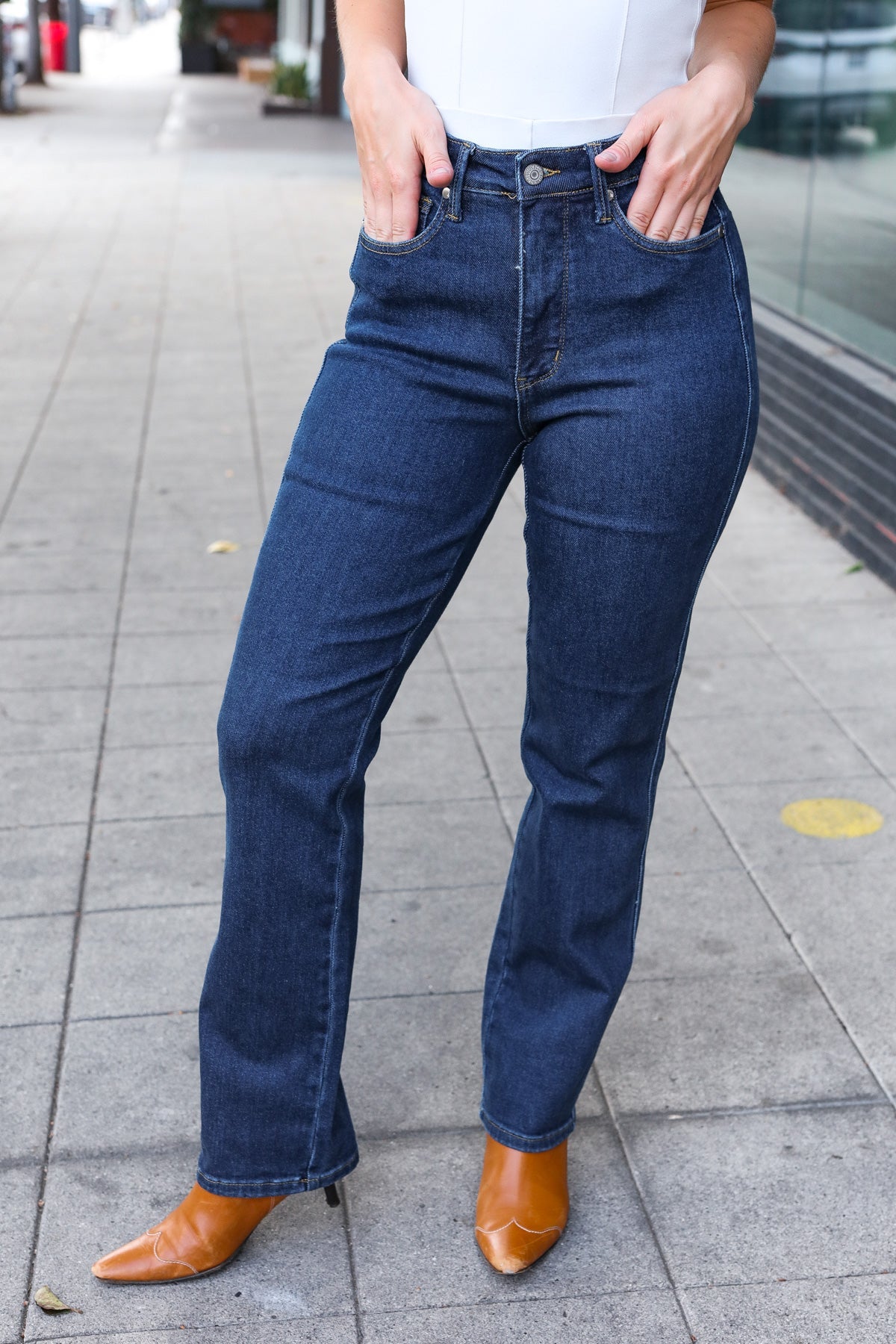 Judy Blue Dark Wash High Waisted Straight Fit Jeans for Women - Comfortable Stretch Denim Pants for Casual Wear & Everyday Outfits