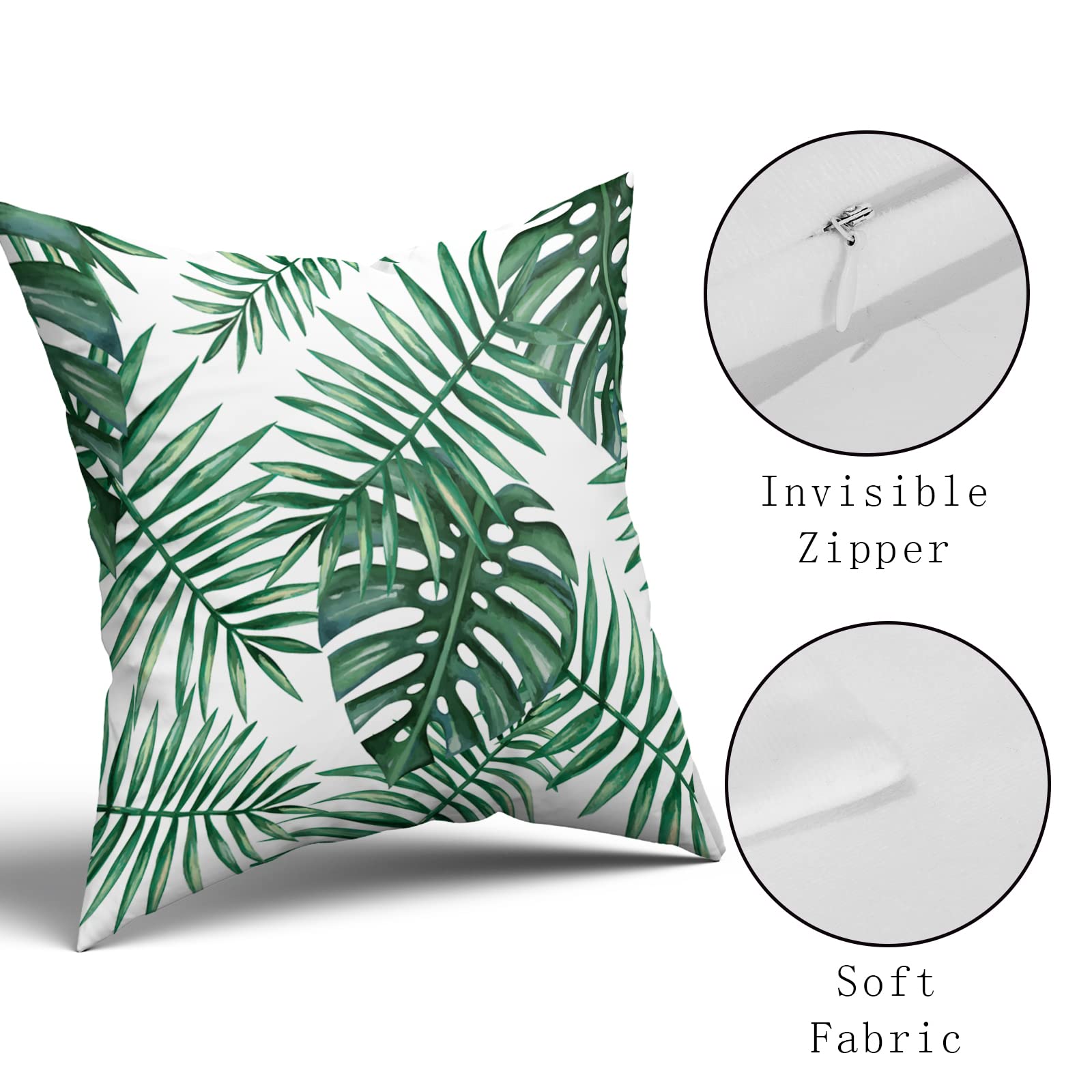 Tropical Palm Leaf Pillow Covers 18x18 Inch - Set of 2 Soft Cotton Square Cushion Covers with Hawaiian Plant Print for Home Decor, Couch, Sofa, Patio & Bedroom - Perfect for Summer, Beach & Boho Style Living Spaces