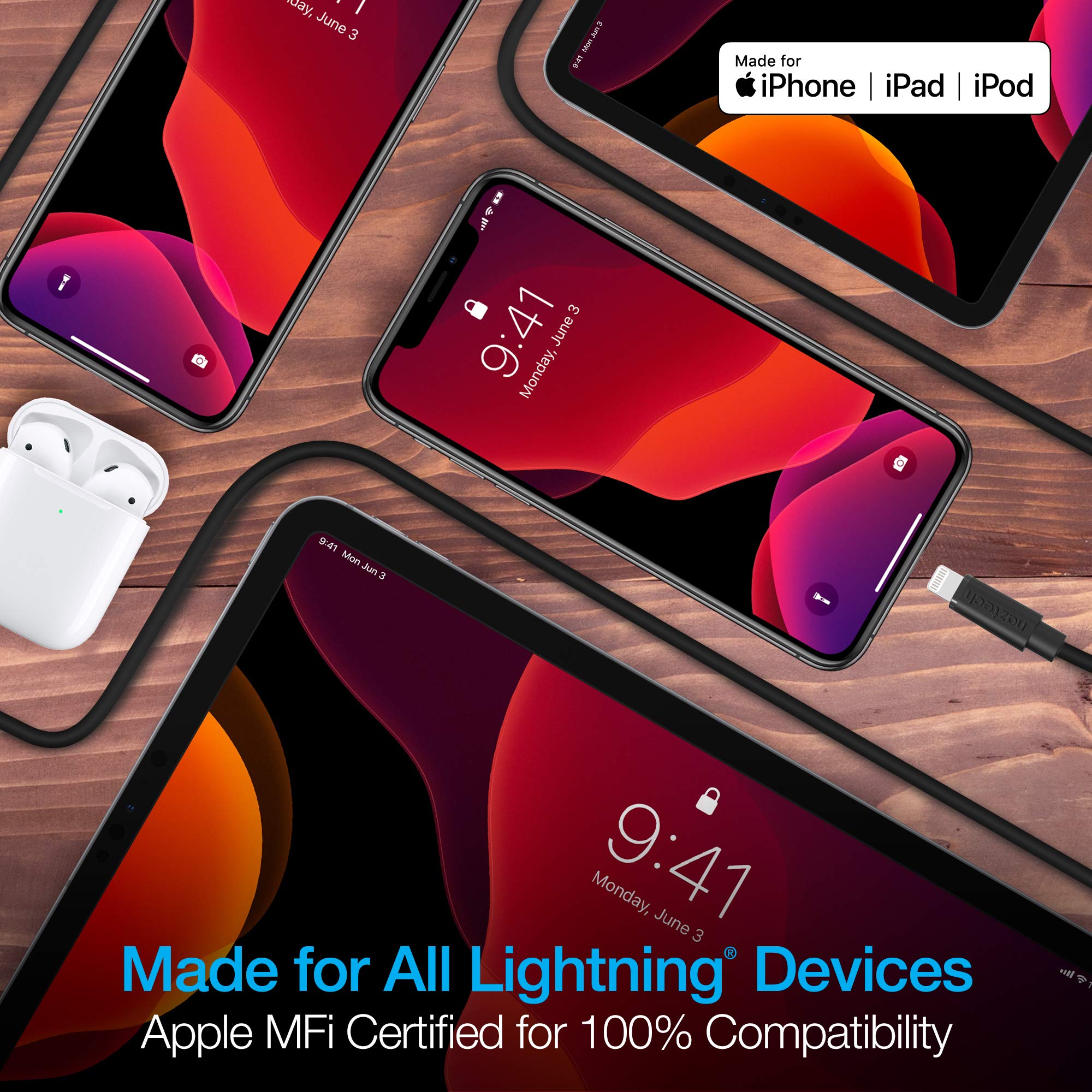 Naztech MFi Certified Lightning Cable - 12ft Fast Charging USB-C to Lightning Cable for iPhone 14/13/12/11/X/8, iPad - Durable & Rounded Design - Super Fast Charging Cord - Black - Perfect for Home, Office, Car & Travel Use