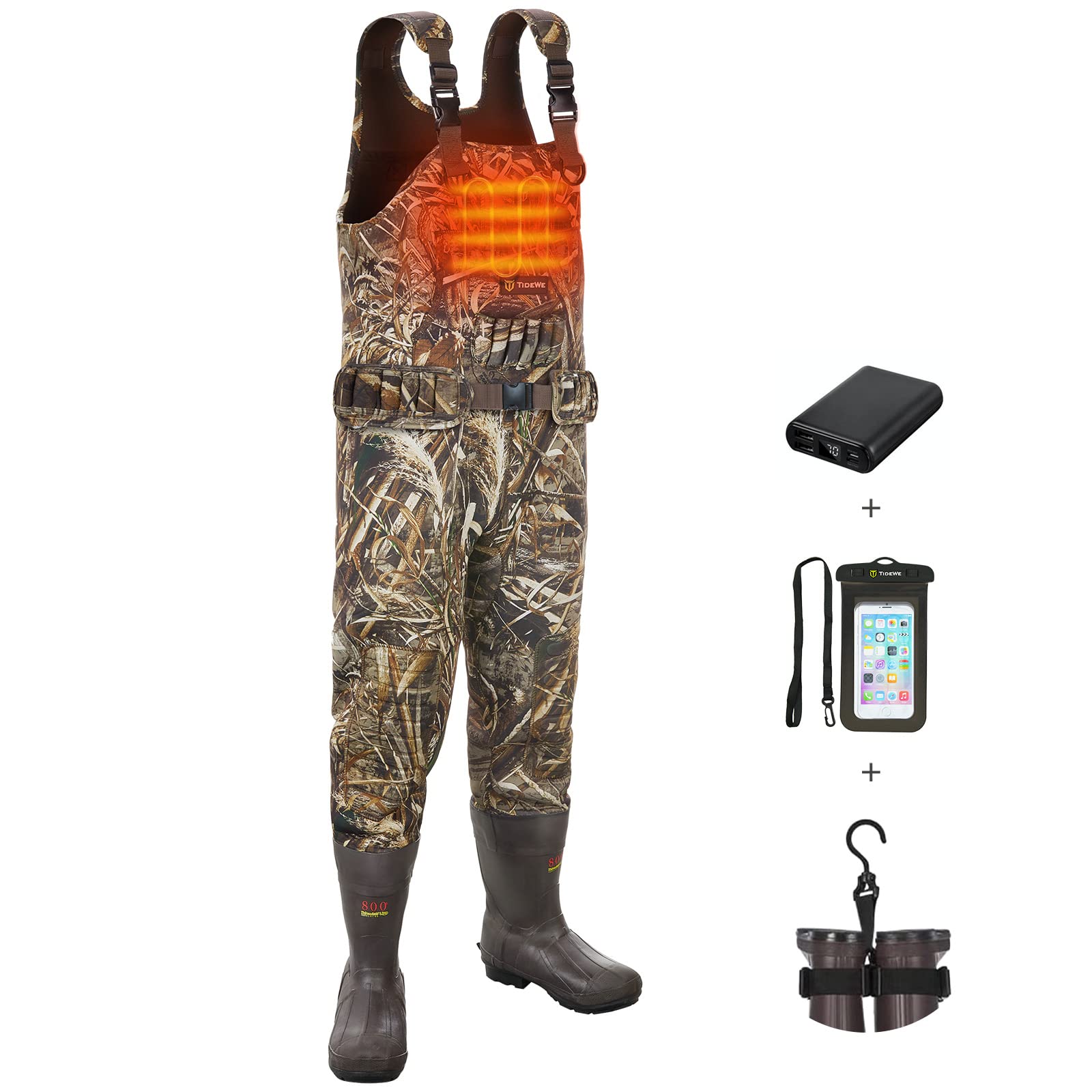 TIDEWE Heated Hunting Waders with Battery Pack - 800G Insulated Waterproof Neoprene Waders for Fishing & Hunting - Realtree Max5 Camo - Perfect for Cold Weather Waterfowl Hunting & Ice Fishing Adventures