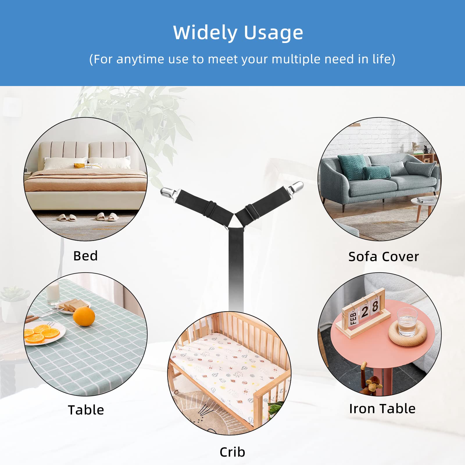Premium Adjustable Bed Sheet Holder Straps - Strong Elastic Sheet Clips for All Mattress Sizes (Twin, Queen, King) - Keep Sheets Tight & Secure - Perfect for Home, Hotel, Dorm, RV Use