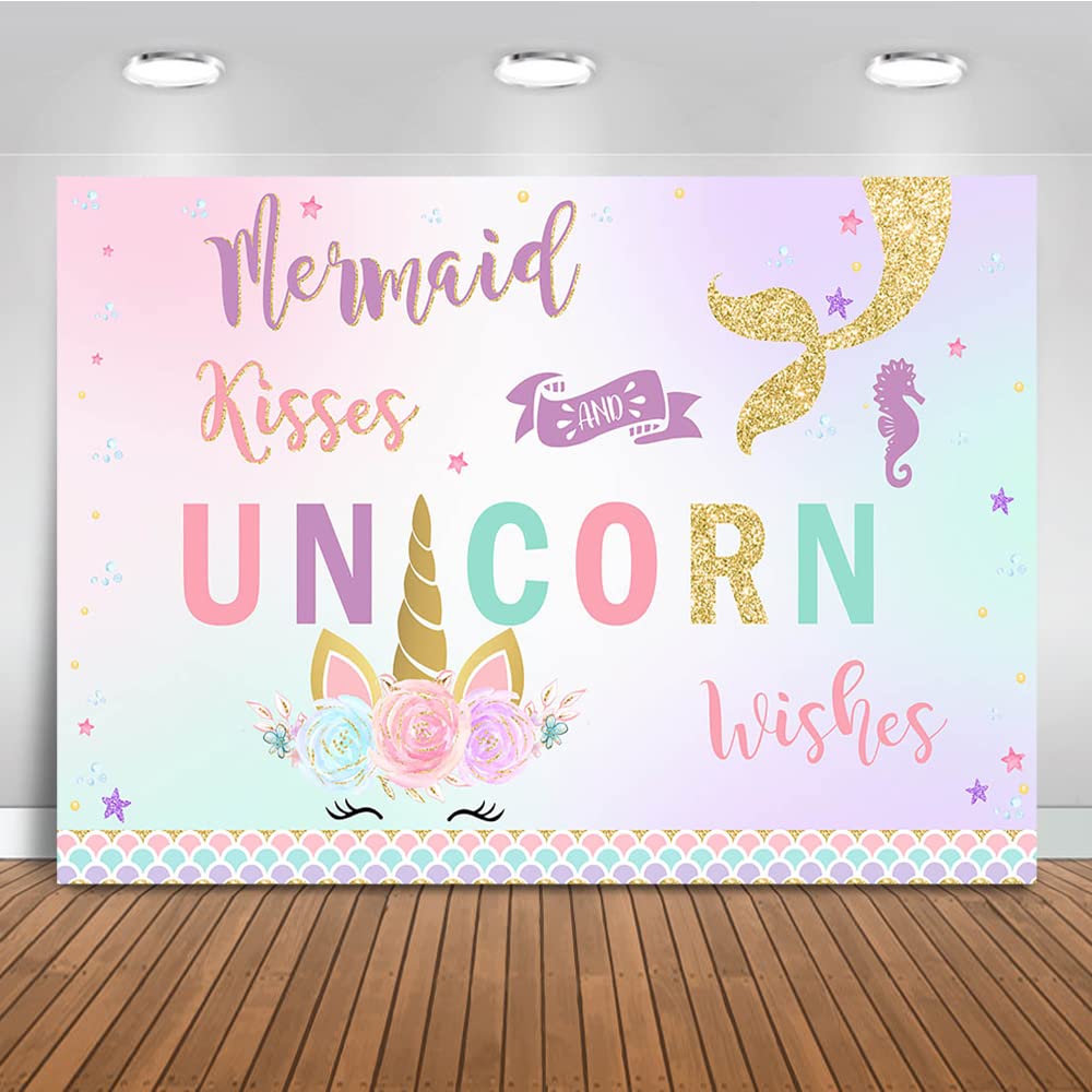Avezano Unicorn and Mermaid Birthday Backdrop - 7x5ft Under The Sea Themed Party Decor for Magical Birthday Celebrations, Photography Background, Baby Shower & Kids Party Decorations - Mermaid Kisses Unicorn Wishes Banner