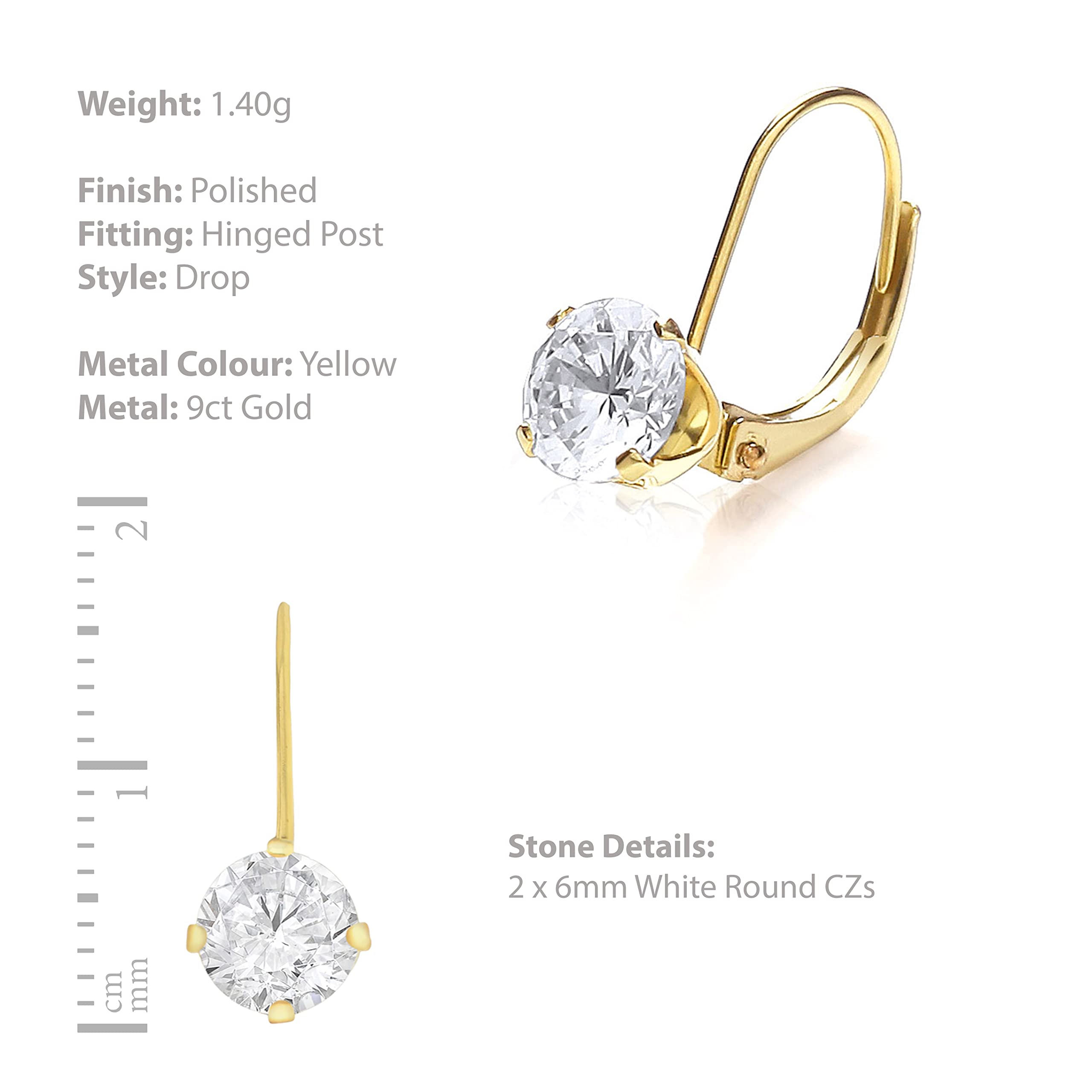 Carissima Gold 9ct Yellow Gold 6mm Round Cubic Zirconia Drop Earrings for Women - Elegant Dangling Earrings for Parties, Weddings & Special Occasions