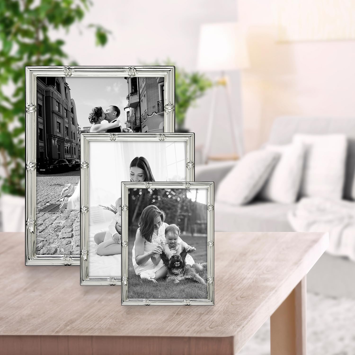 Tarnish-Resistant Siena Silver Bamboo Picture Frame 5x7 - Elegant Photo Display for End Tables, Credenzas, Shelves & Nightstands - Perfect for Home Décor, Wedding Photos & Office Displays