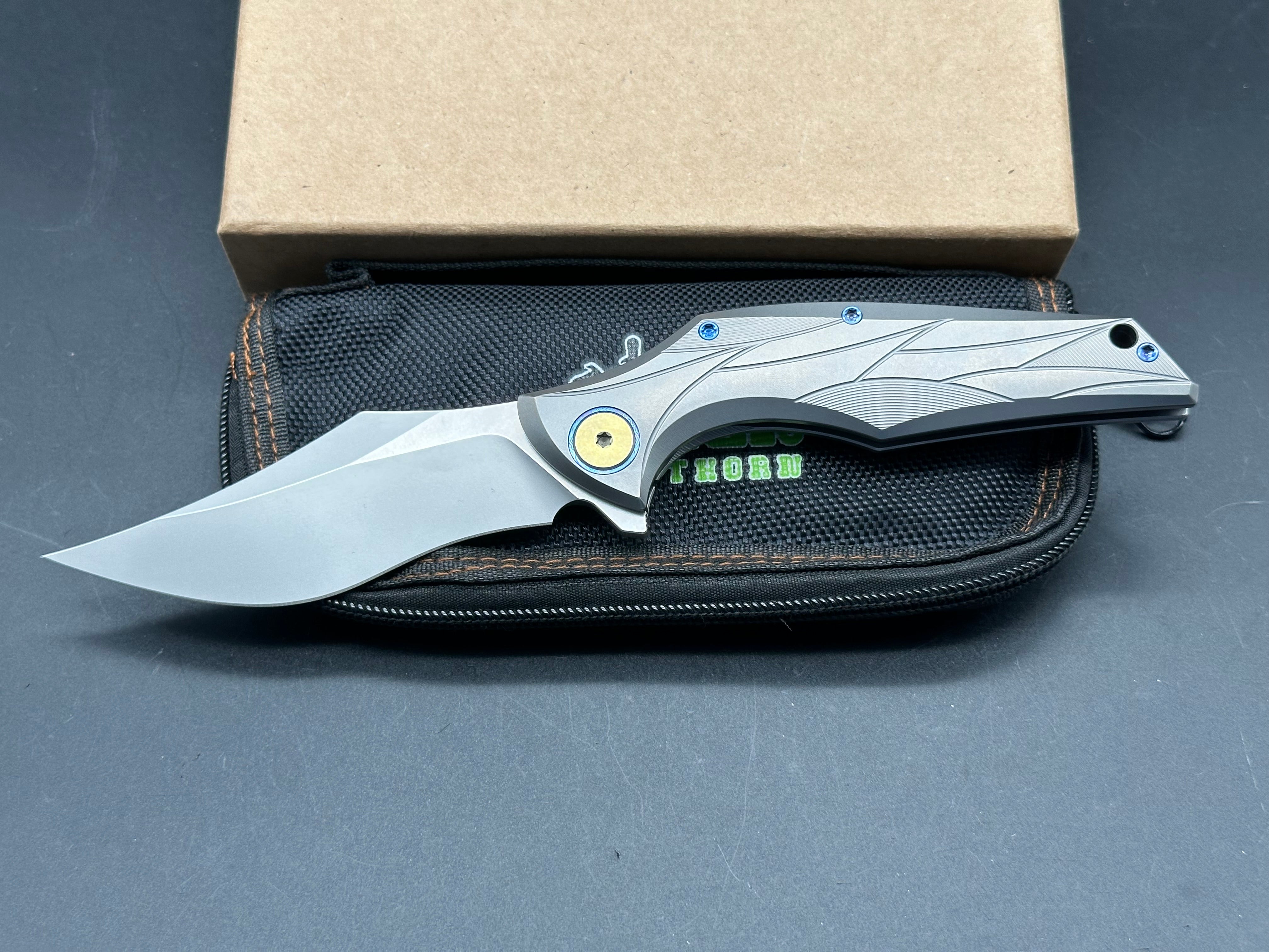 Green Thorn Talon Folding Knife - Grey Milled Titanium Frame, Custom Anodized Hardware, Upswept Blade, Stonewash M390 Steel - EDC, Outdoor, Camping, Survival Gear
