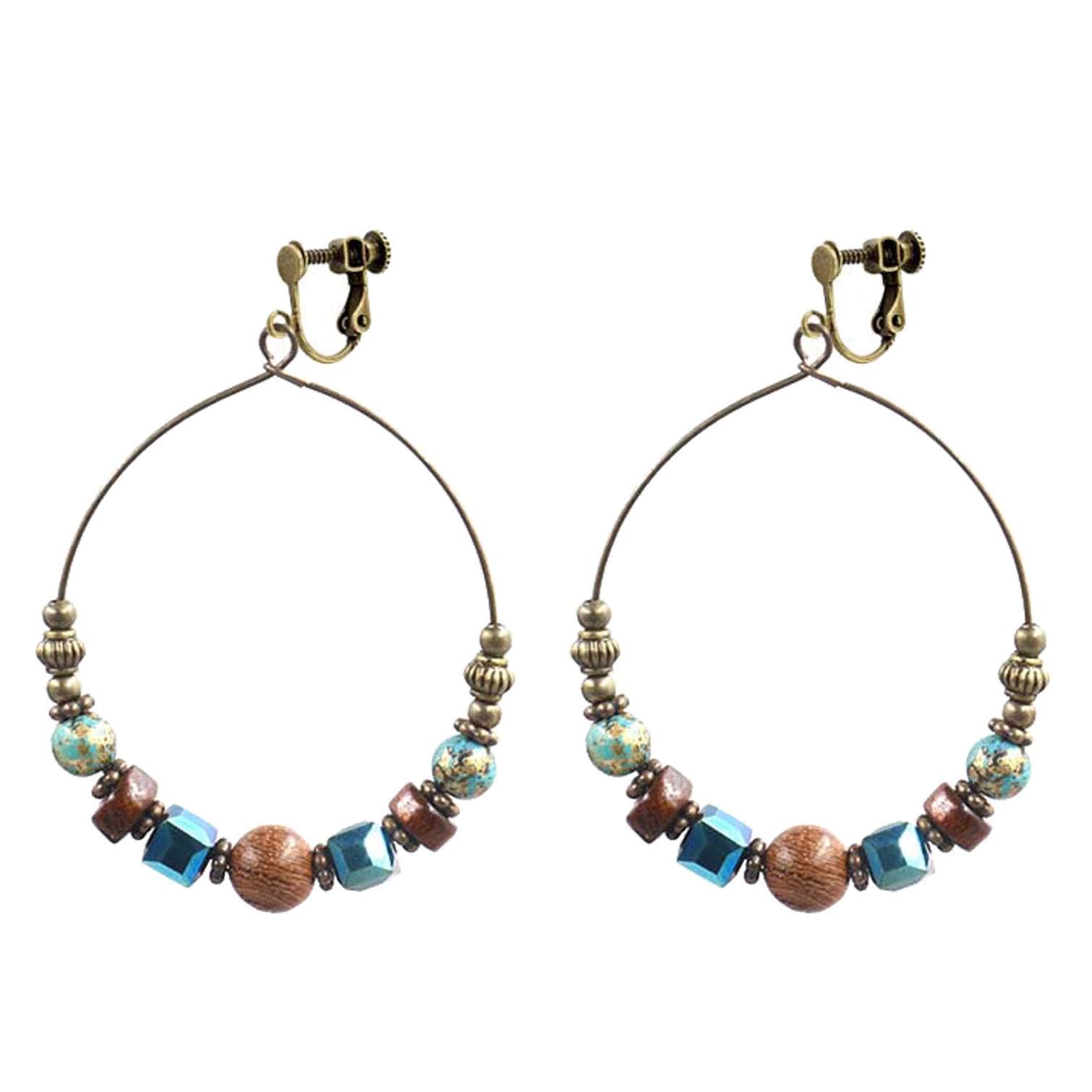 Vintage Clip-On Non-Pierced Earrings for Women - Bohemian Beaded Dangle Earrings with Wooden & Turquoise Stone Details - Perfect for Birthday Parties, Prom, Gifts & Boho Fashion Accessories | Great for Casual Wear, Date Nights & Festivals