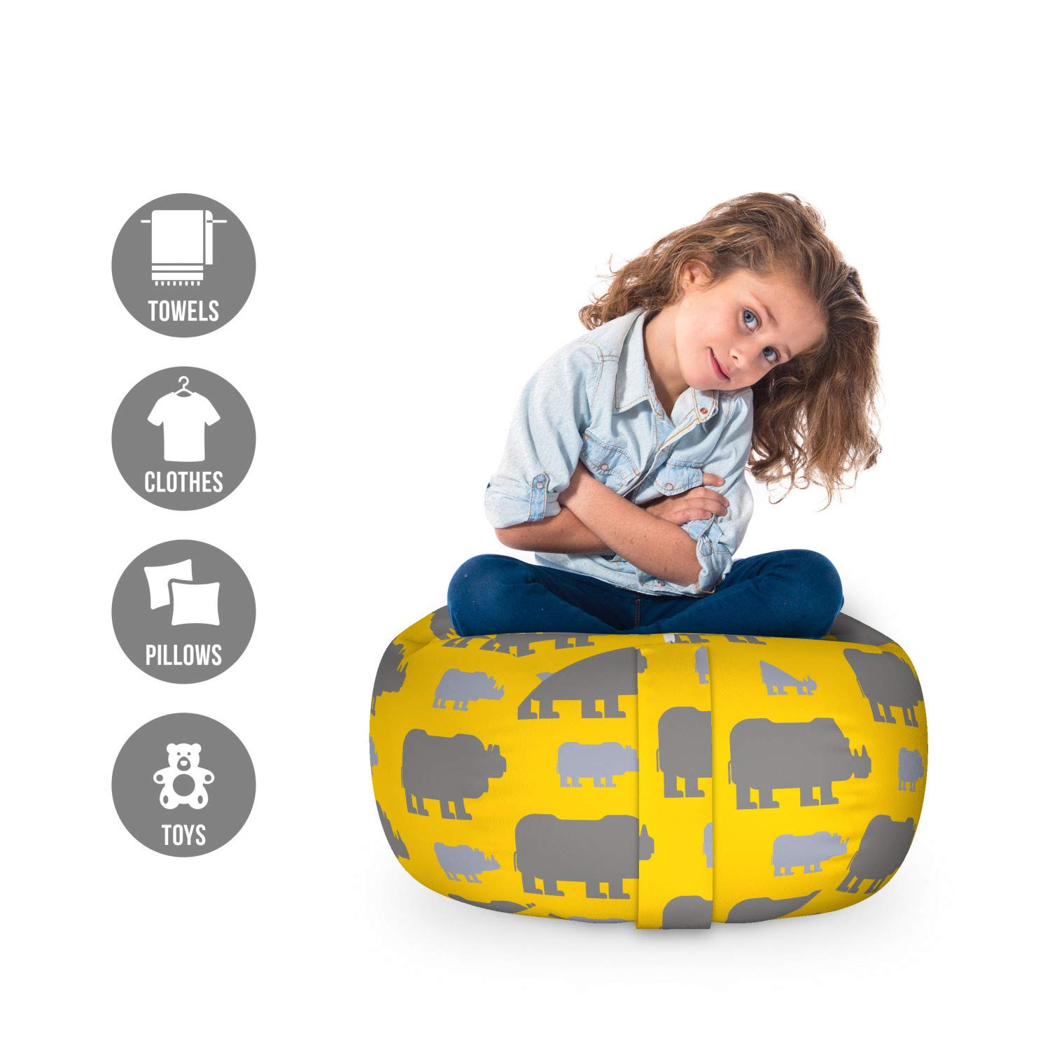 Ambesonne Savannah Storage Toy Bag Chair - Animal Silhouette Wilderness Horned Animals Zoo Pattern - Washable Stuffed Animal Organizer for Kids Room - Small Size in Earth Yellow Blue Grey - Perfect for Playroom, Nursery & Bedroom Organization
