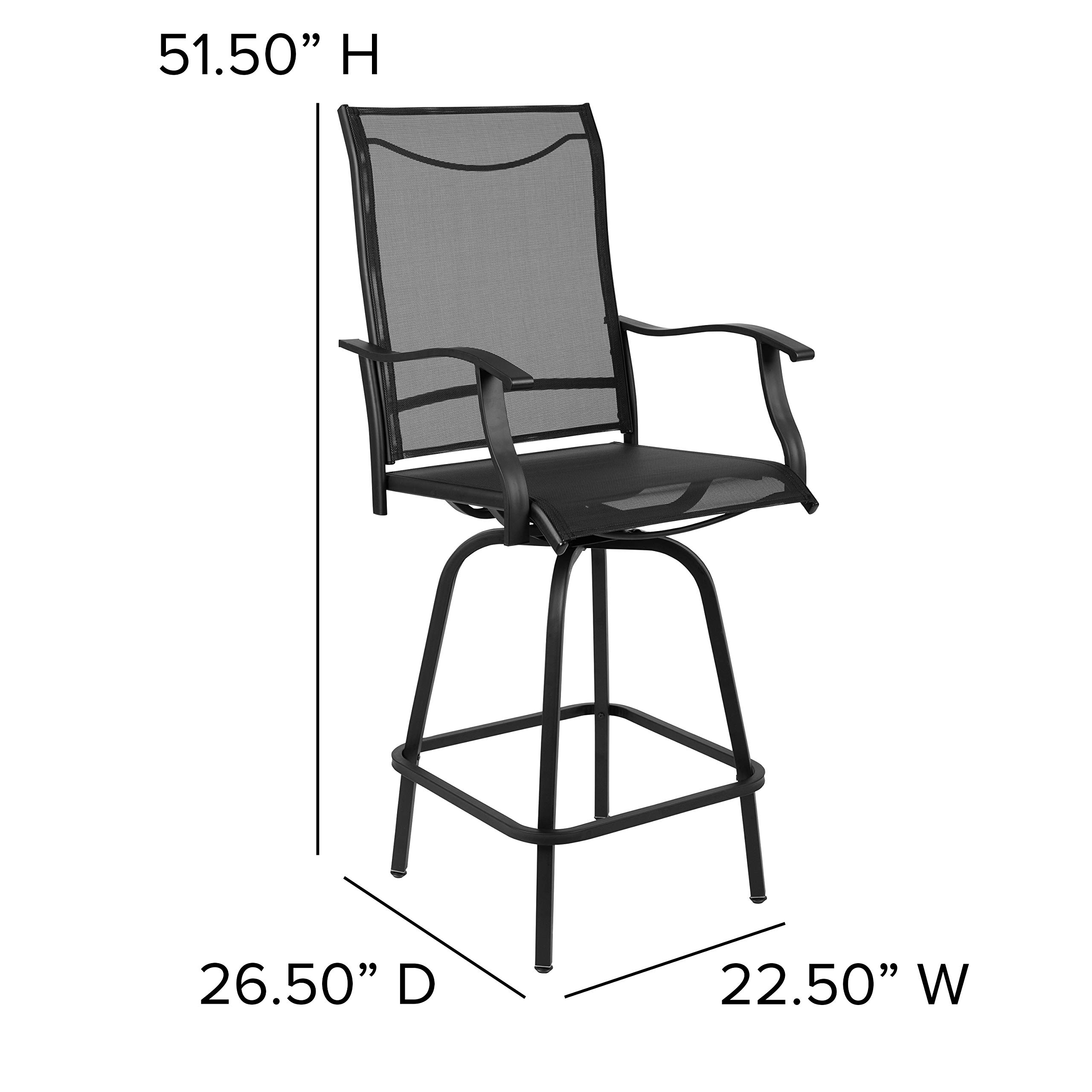 **Black All-Weather Textilene Swivel Bar Height Patio Stools Set of 2 – High Back & Armrests for Outdoor Deck, Garden, or Poolside Relaxation**