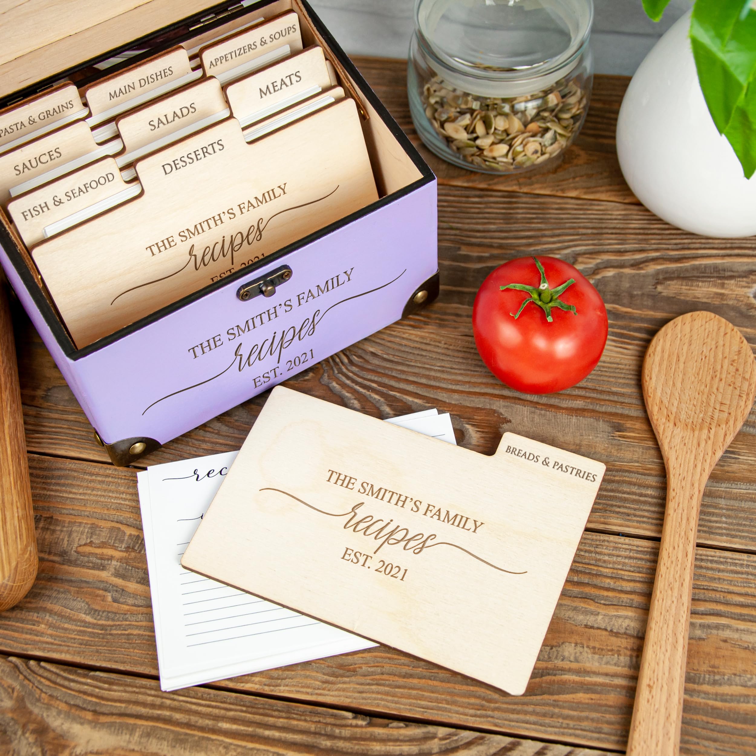 Wooden White Recipe Box with Cards & Dividers - 4x6 or 5x7 Custom Recipe Card Holder - Personalized Keepsake Gift for Mom, Daughter, Bride - Perfect for Bridal Shower, Birthday, Christmas & Thanksgiving - Kitchen Organization & Family Recipe Storage