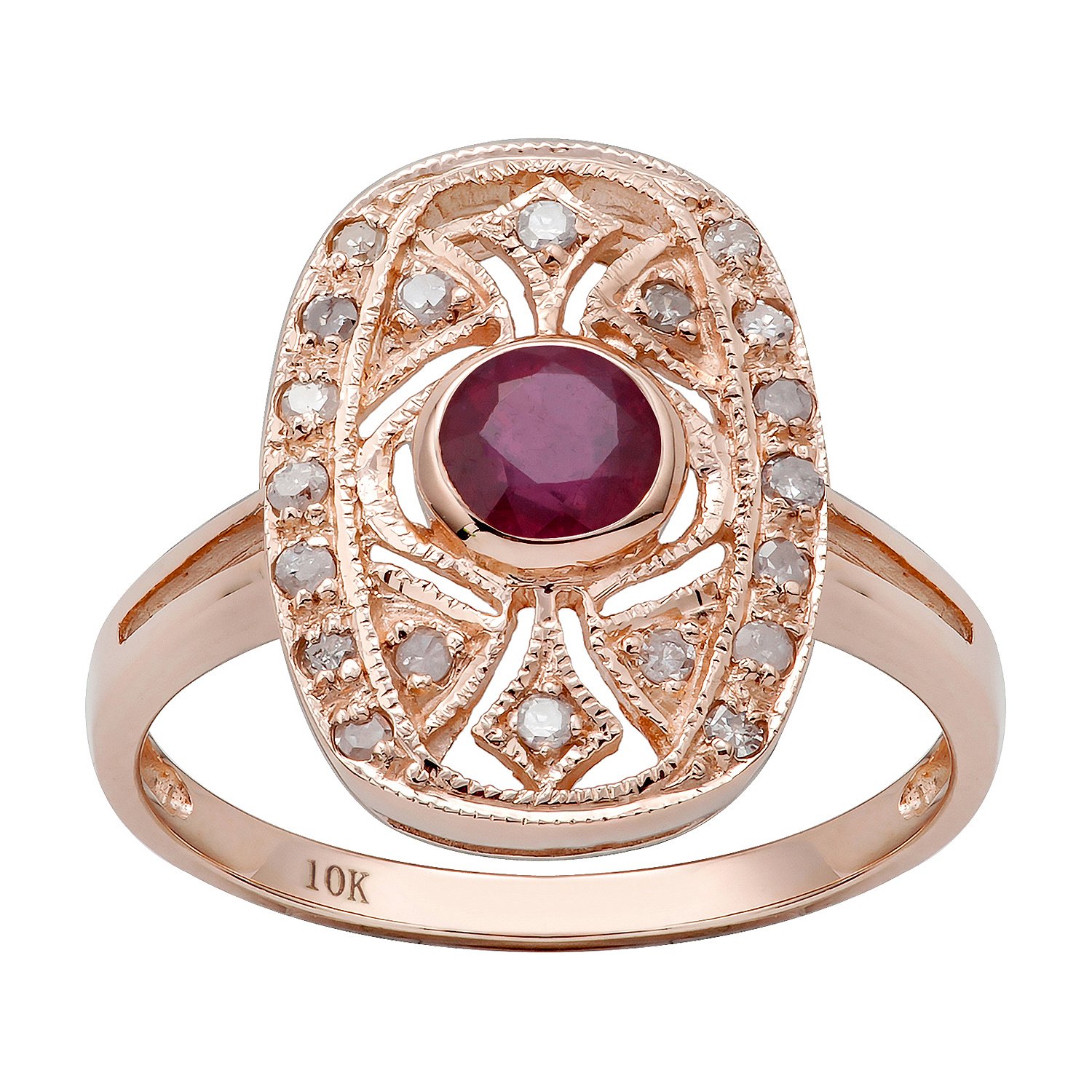 10K Rose Gold Vintage Style Genuine Round Ruby and Diamond Ring for Women - Elegant Wedding, Engagement, Anniversary Gift Jewelry