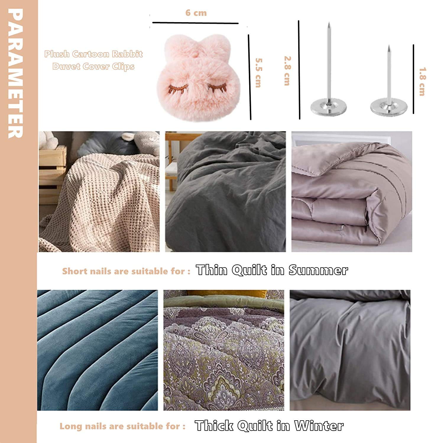 6-Pack Non-Slip Duvet Clips - Cotton Rabbit Quilt Cover Pins, Anti-Movement Comforter Fasteners & Sheet Grippers - Perfect for Bedding, Socks, Curtains & Quilt Holders (Grey) - Keep Your Bedding Neat All Night