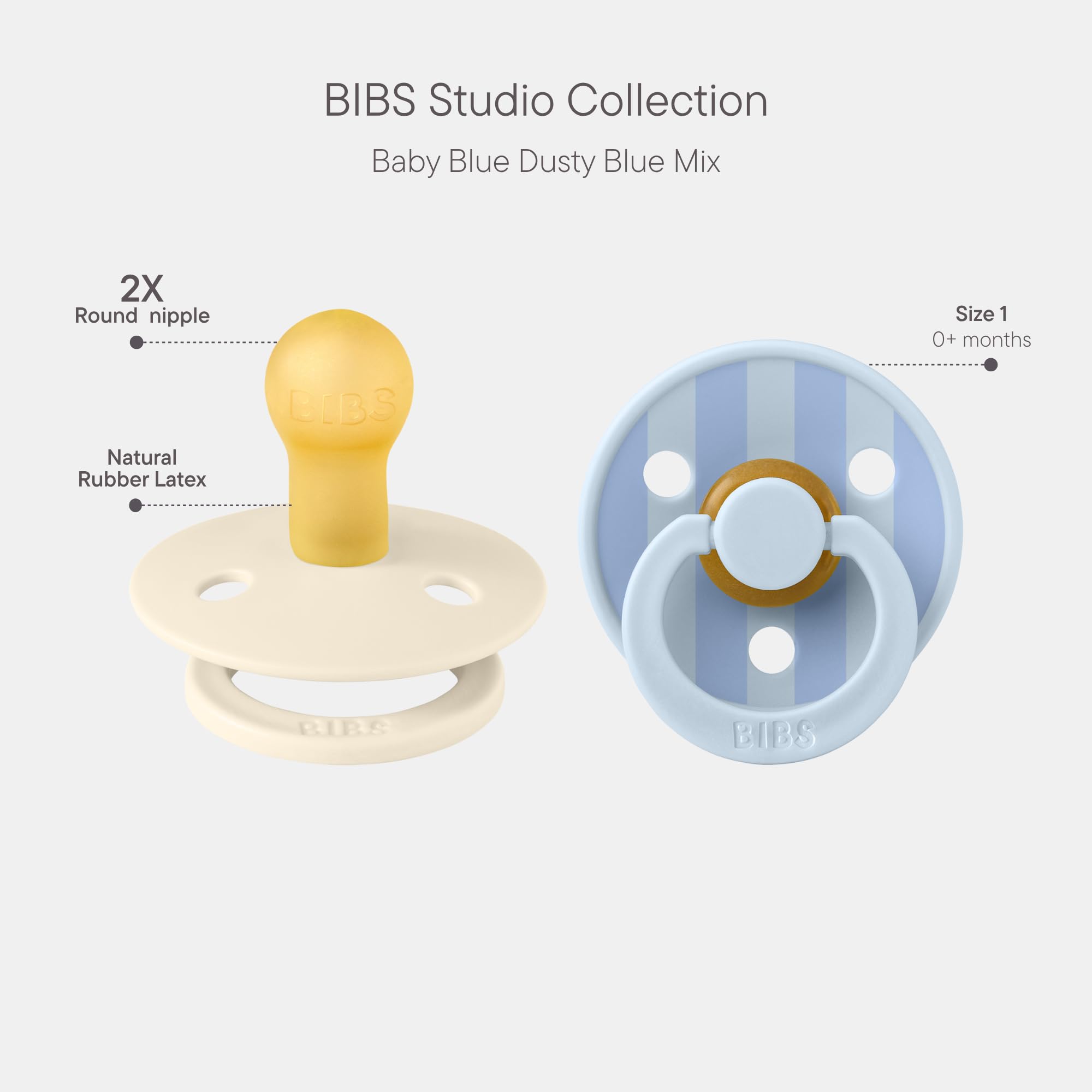 BIBS Pacifiers - Colour Studio 2 Pack | Round Nipple Baby Soother | BPA Free Natural Rubber Latex Pacifier for Newborns 0+ Months | Made in Denmark | Baby Blue & Dusty Blue | Perfect for Daycare, Travel & Soothing Fussy Babies