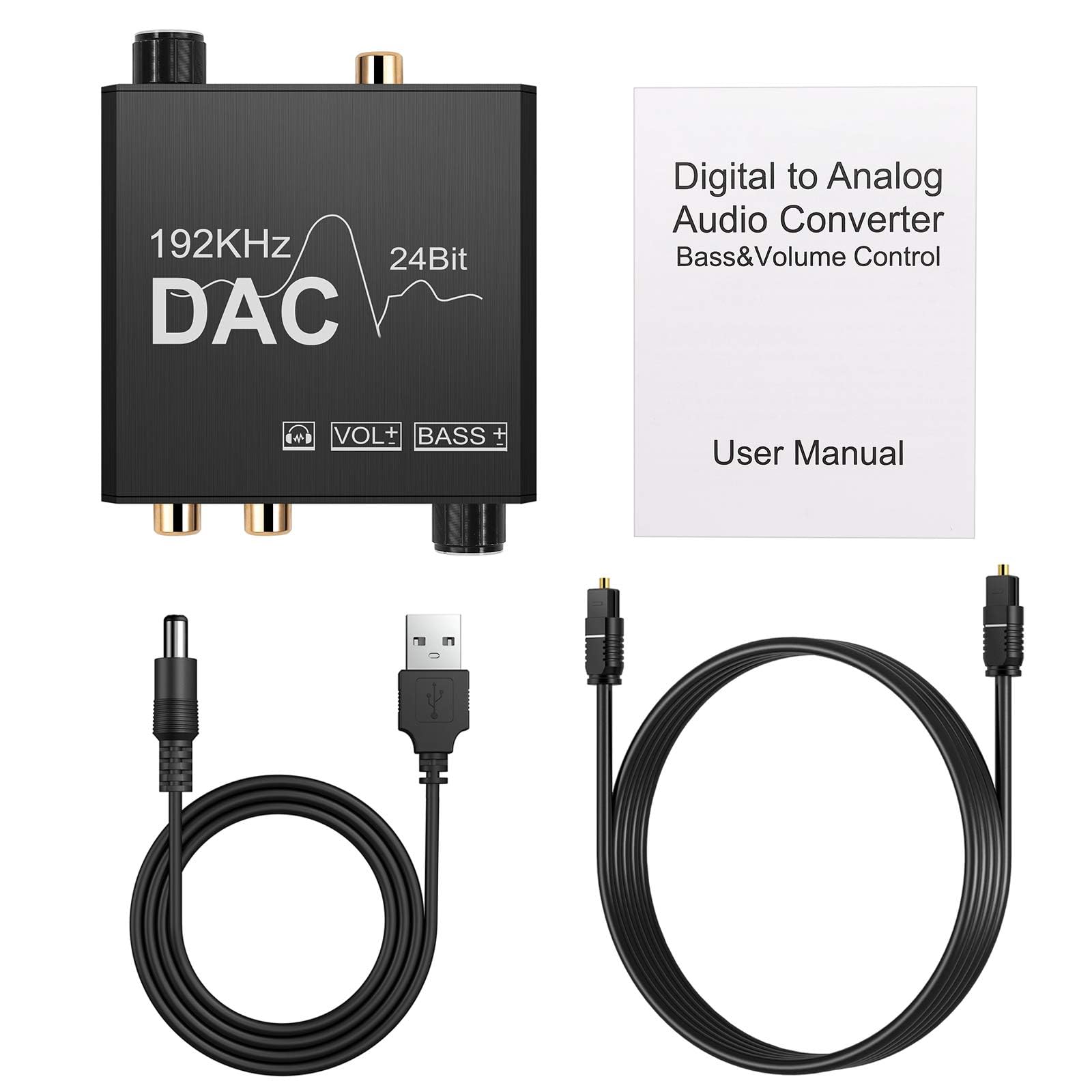 CAMWAY 192kHz Digital to Analog Audio Converter with Bass Adjustment - DAC Converter with Volume Control, Toslink/Coaxial/Optical to RCA & 3.5mm Headphone Jack - Anti-Interference Audio Adapter for Home Theater, Gaming, Hi-Fi Systems & Studio Monitors
