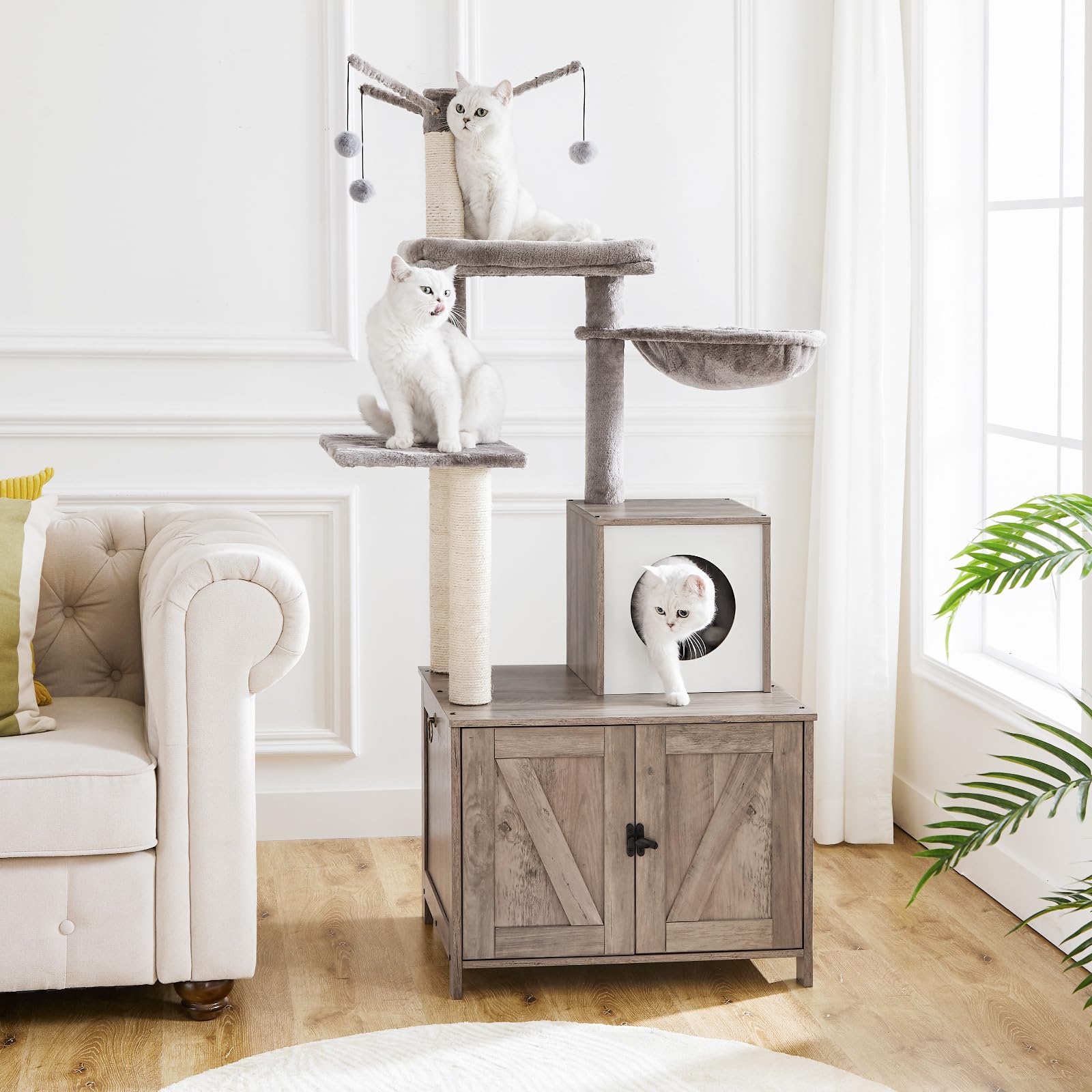 HOOBRO Wooden Cat Tree Tower with Litter Box Enclosure - All-in-One Indoor Cat Furniture with Scratching Posts, Hidden Litter Box & Cat House - Perfect for Small Spaces & Multi-Cat Homes (Greige BG15MZ03) | Ideal for Apartments, Living Rooms & Pet-Friendly Spaces