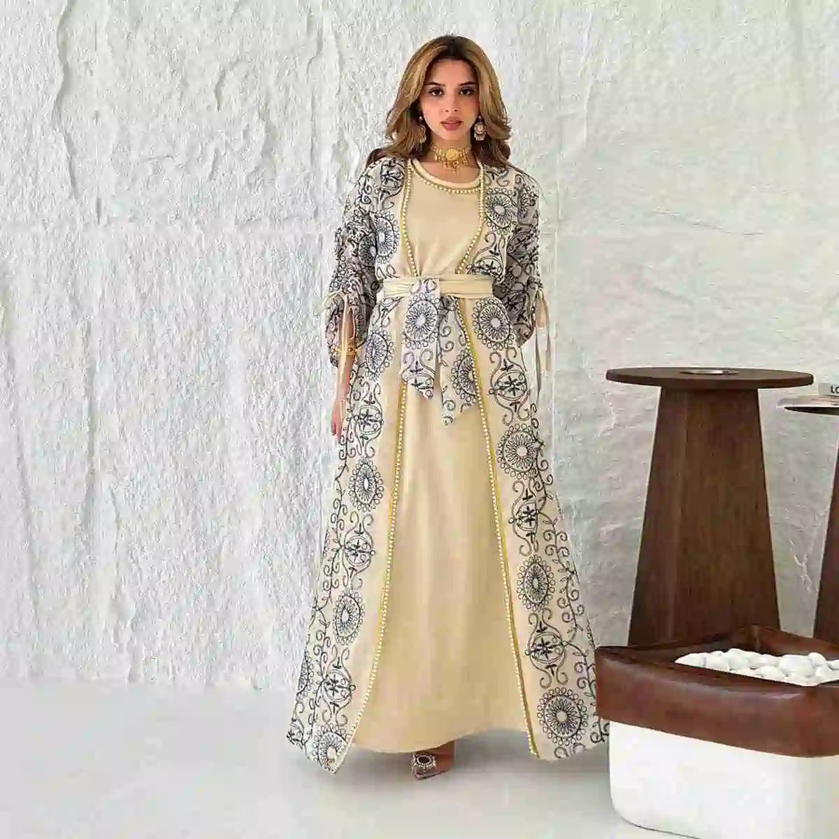 Elegant 2-Piece Eid Caftan Set with Embroidery & Sleeveless Inner Dress - Perfect for Eid Celebrations, Weddings & Special Occasions #24432