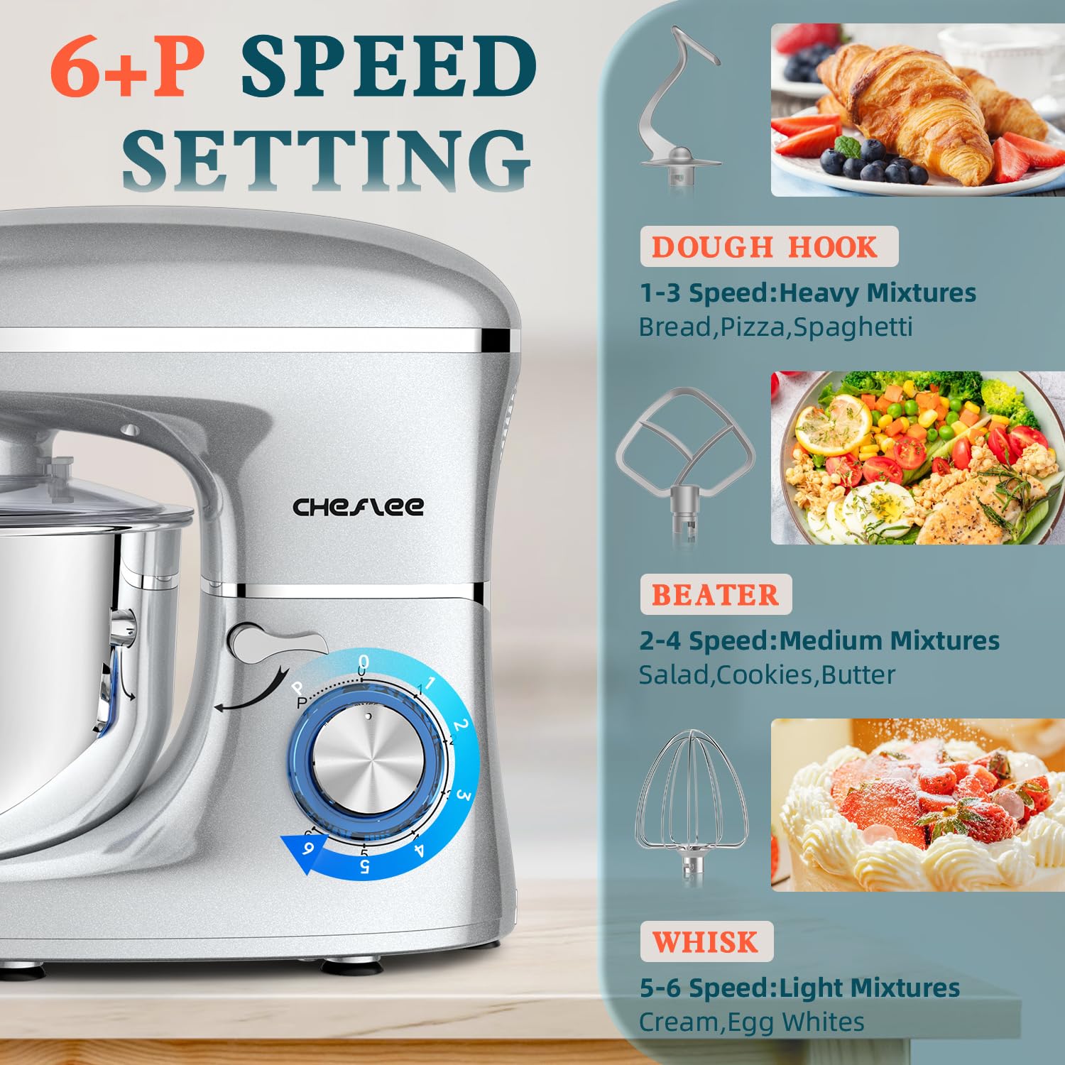 600W Stand Mixer by CHeflee - 6.5QT Stainless Steel Bowl with Dough Hook, Wire Whip & Beater - Powerful 6-Speed Kitchen Mixer for Baking, Whipping & Kneading - Perfect for Cakes, Cookies, Bread & Pizza Dough - Silver