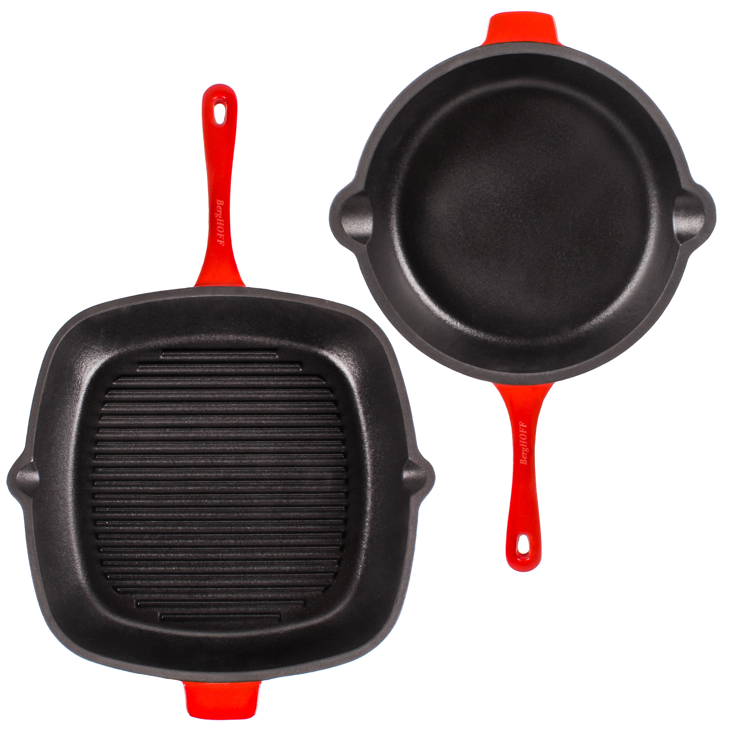 BergHOFF Neo 3-Piece Cast Iron Cookware Set - Red Fry Pan, Grill Pan & Slotted Steak Press | Heavy Duty Non-Stick Skillet for Searing, Grilling & Cooking Steaks | Perfect for Stovetop, Oven & Outdoor BBQ Use