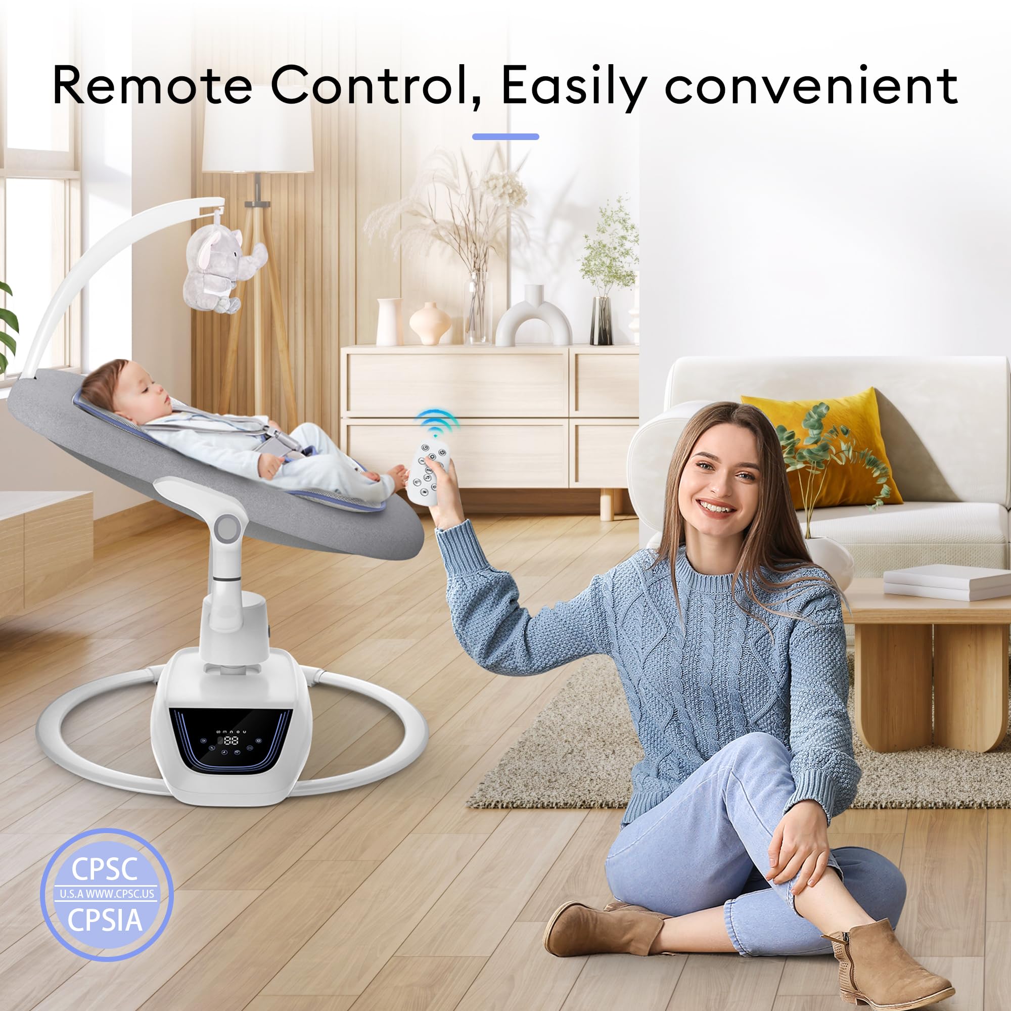 3D Motion Electric Baby Swing for Infants - Adjustable Height & 360° Rotating Seat with 5 Swing Modes, 4 Speeds & Remote Control - Perfect for Newborns 0-12 Months (Light Grey) | Ideal for Nursery, Bedroom & Soothing Fussy Babies