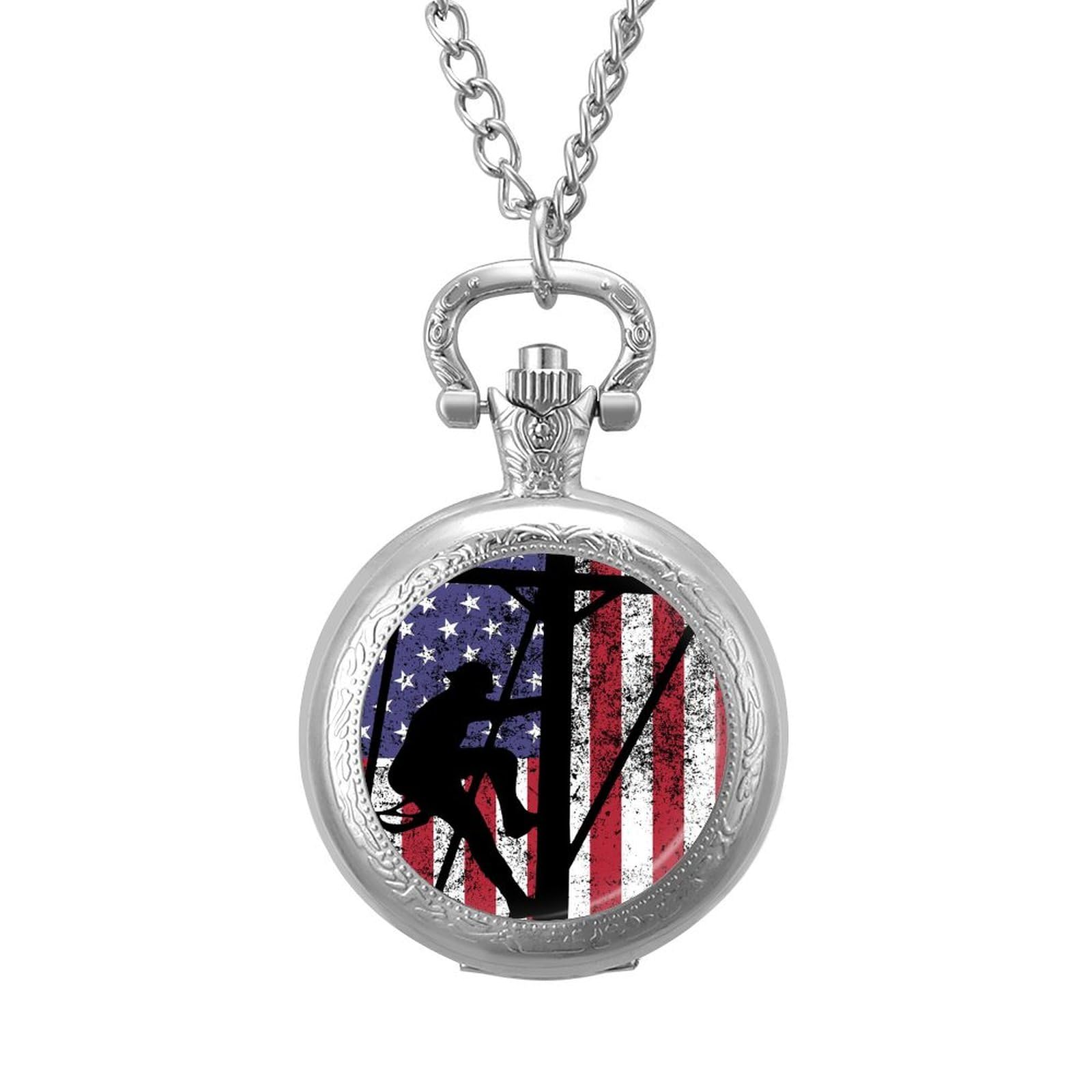 Vintage Lineman American Flag Pocket Watch with Arabic Numerals & Chain - Quartz Movement for Men & Women - Perfect for Collectors, Gifts, and Patriotic Events