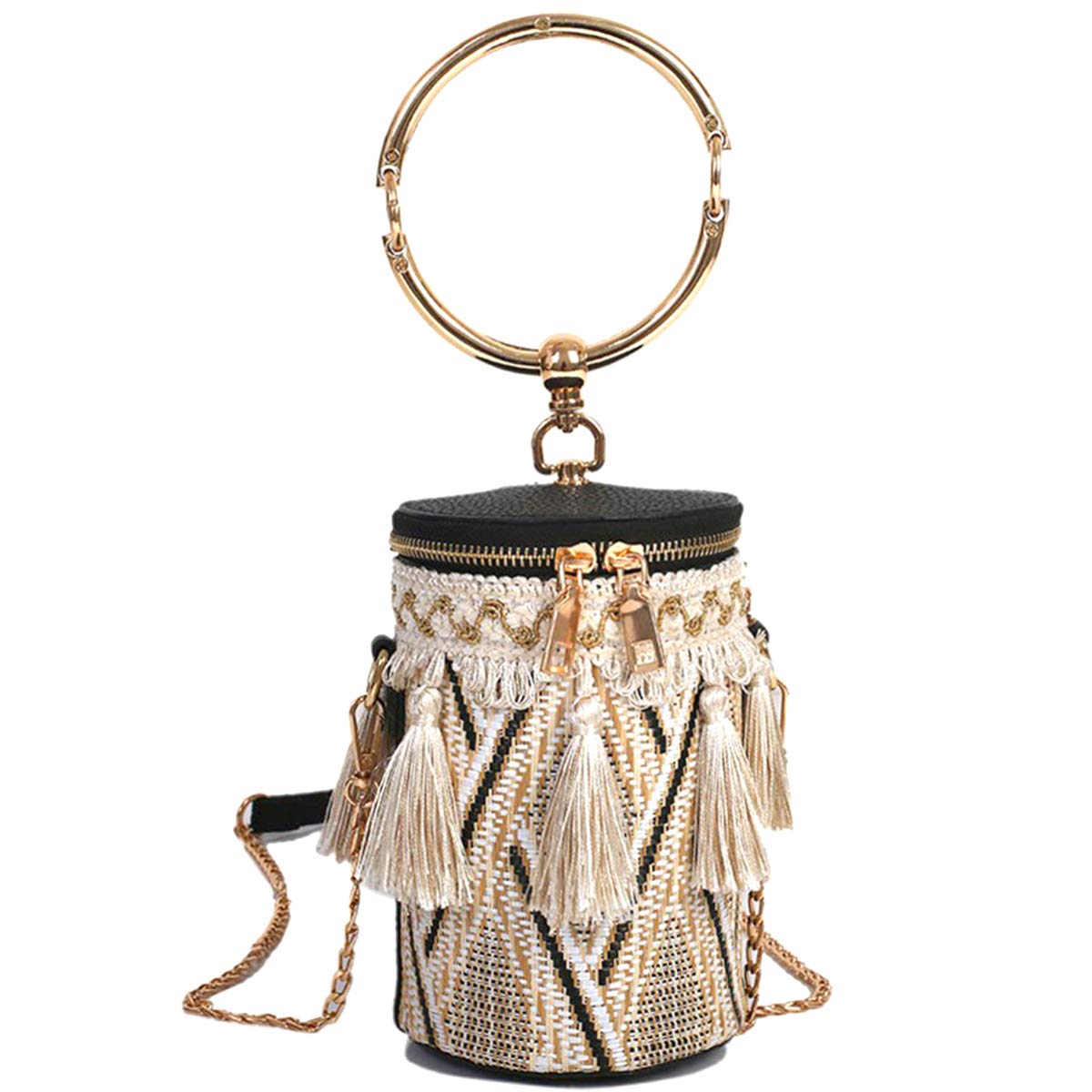 CONNAISSIZE Women's Tassel Woven Bucket Crossbody Bag with Chain Strap - Stylish Handbag & Purse for Casual Outings, Date Nights & Travel Accessories