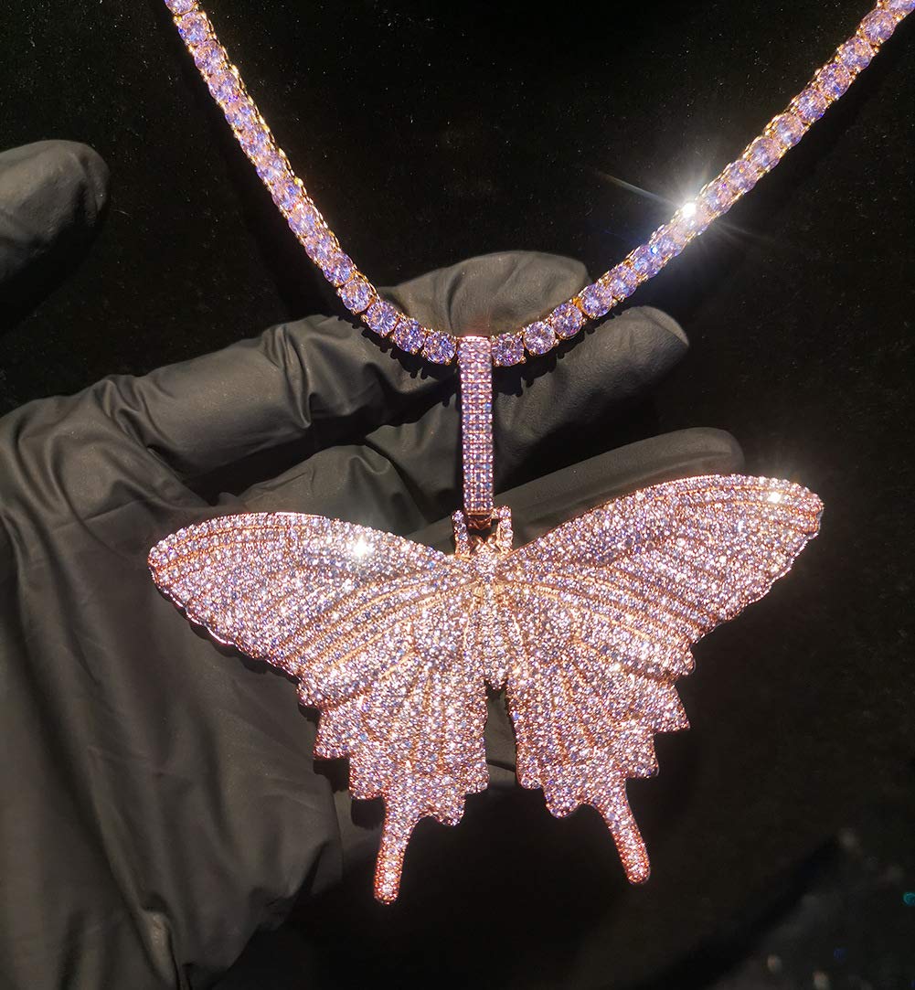 18K Gold Plated CZ Simulated Diamond Pink Butterfly Pendant Necklace for Men & Women - Iced Out Hip Hop Chain for Party, Gift & Fashion Accessories
