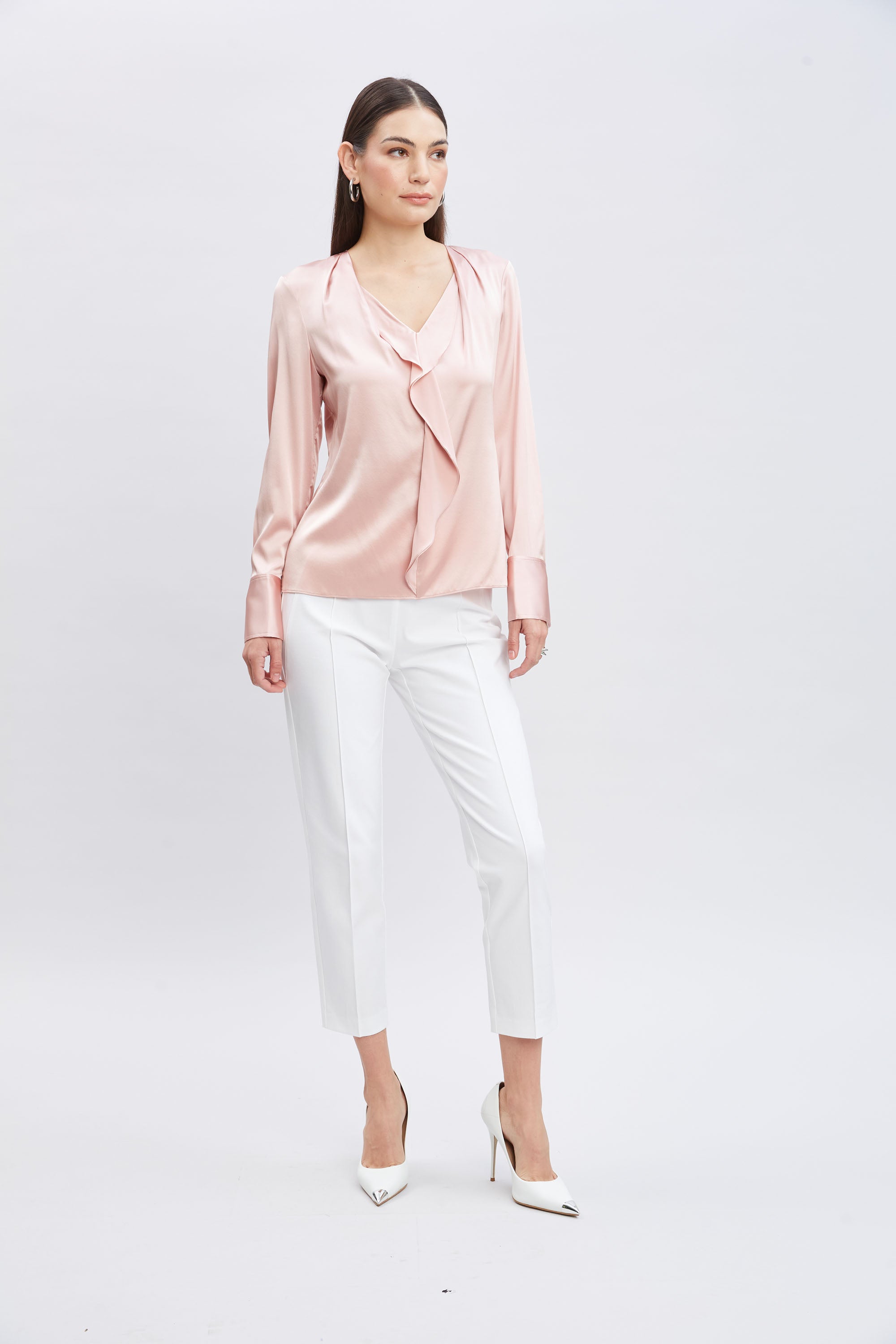 Silk Satin Ruffle Contour Shirt for Women - Elegant Blouse with Ruffled Neckline & Flowy Sleeves - Perfect for Office Wear, Date Nights & Special Occasions