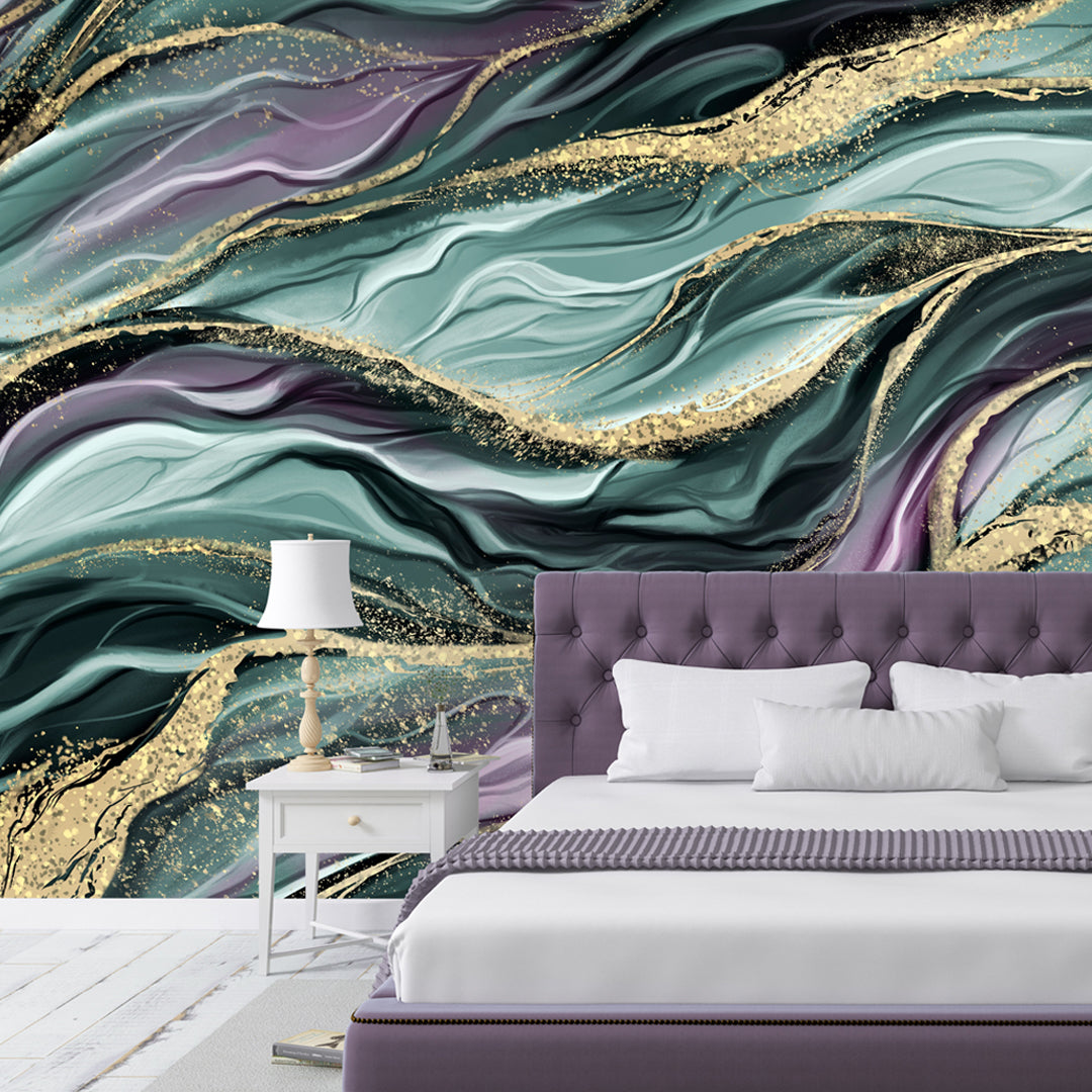 Green and Purple Waves Wall Mural CCM121 - Modern Abstract Wallpaper for Living Room, Bedroom & Office Decor