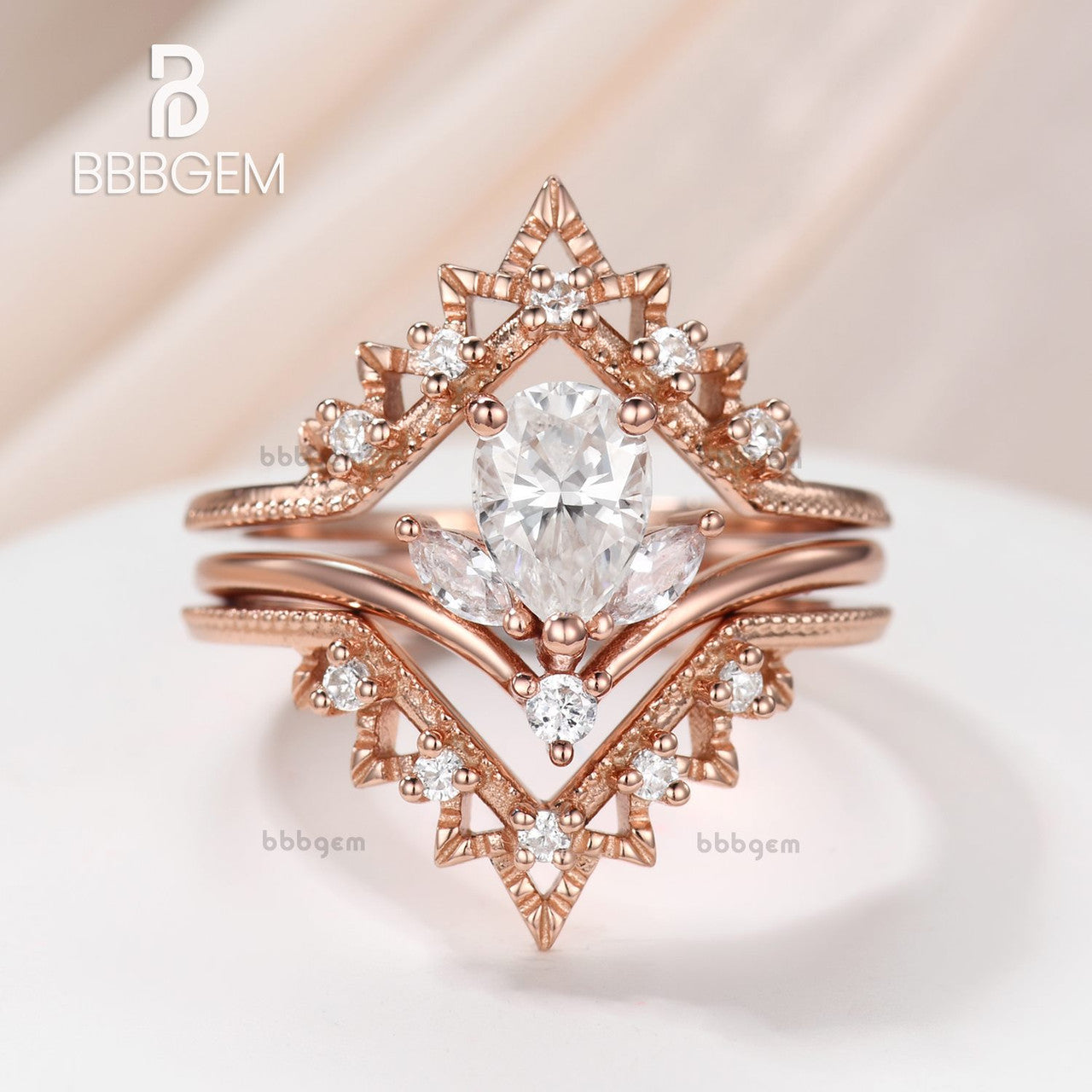 Floral Pear Cut Moissanite Engagement Ring Set 3-Piece with V-Shaped Diamond Beaded Band in Rose Gold | Wedding Proposal, Anniversary Gift, Bridal Jewelry