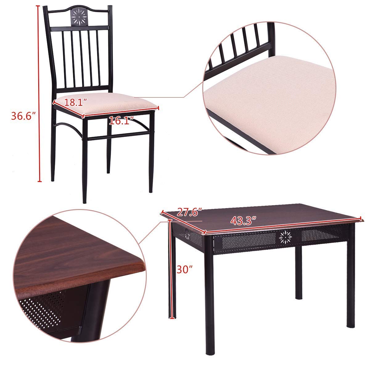 Vintage Retro 5-Piece Dining Table and Chairs Set - Solid Wood Top with Metal Frame & Padded Seats - Perfect for Kitchen, Dining Room, Breakfast Nook & Small Space Homes - Casual & Formal Dining Furniture
