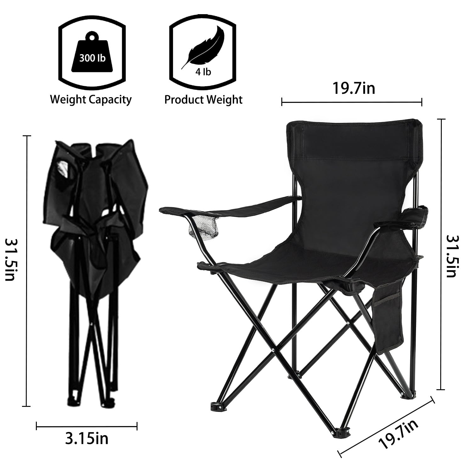 Damei Century Portable Folding Camping Chair - Lightweight Outdoor Sports Lawn Chair with Side Pockets for Picnics, Beach, Hiking & Backyard (Black)