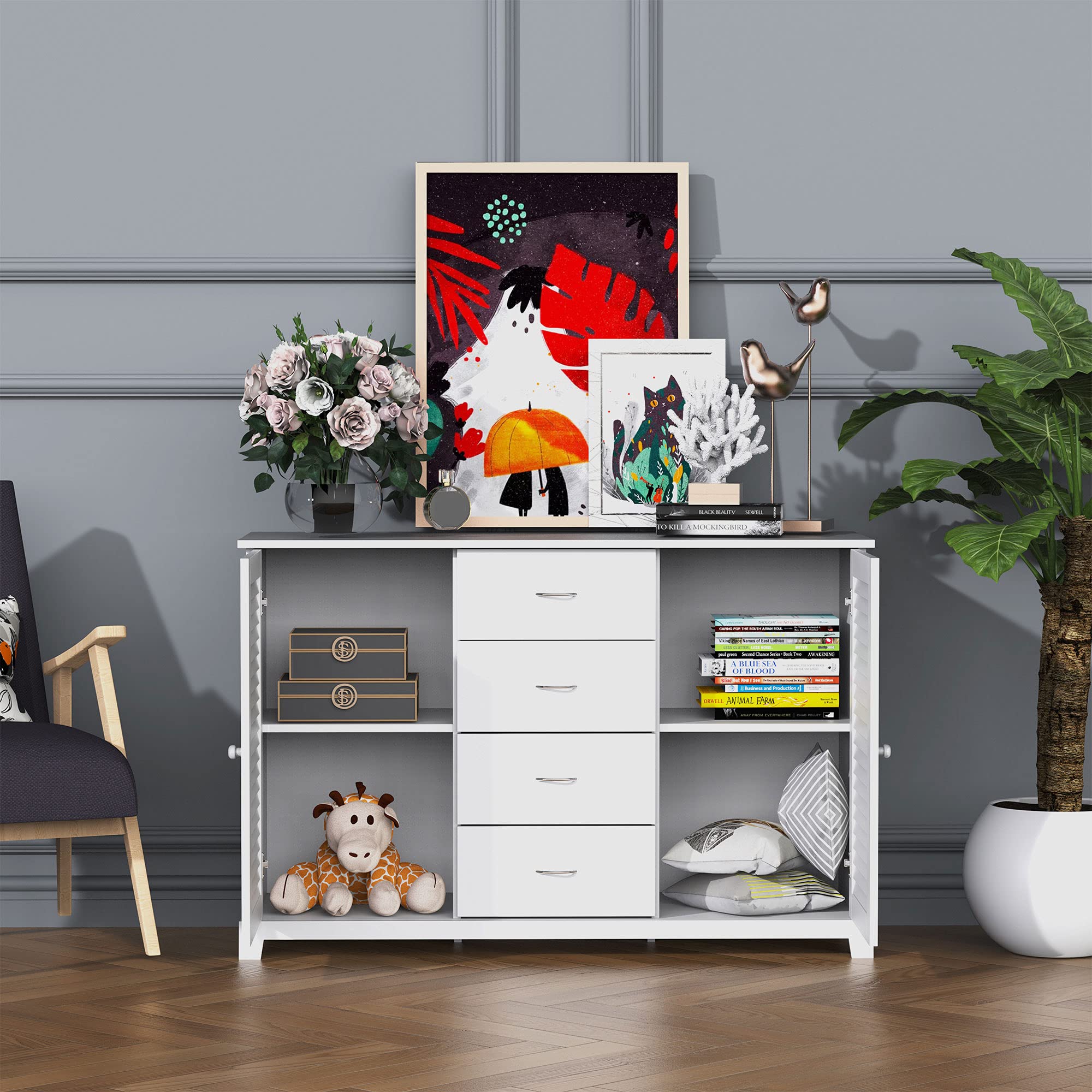 HOMCOM White Sideboard Buffet Cabinet with 4 Drawers & 2 Louvered Doors - Kitchen Storage, Coffee Bar Cabinet for Living Room & Dining Room - Perfect for Small Space Organization & Home Decor