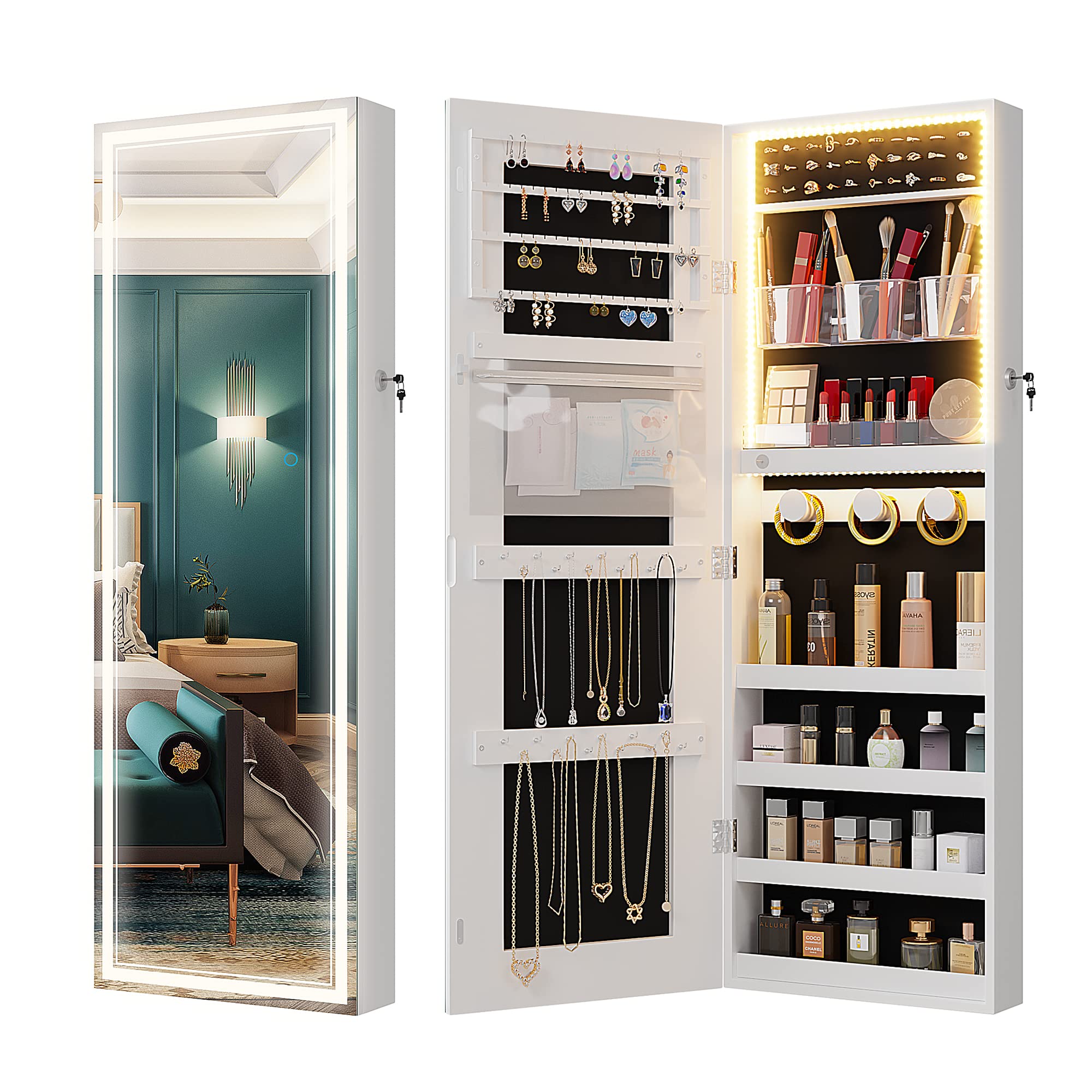 Lighted Mirror with Jewelry Storage - Full-Length LED Vanity Mirror with Dimming Lights & 3 Color Modes, Wall Mount or Door Hanging Jewelry Cabinet Organizer - Perfect for Bedroom, Bathroom, and Dressing Room (White)