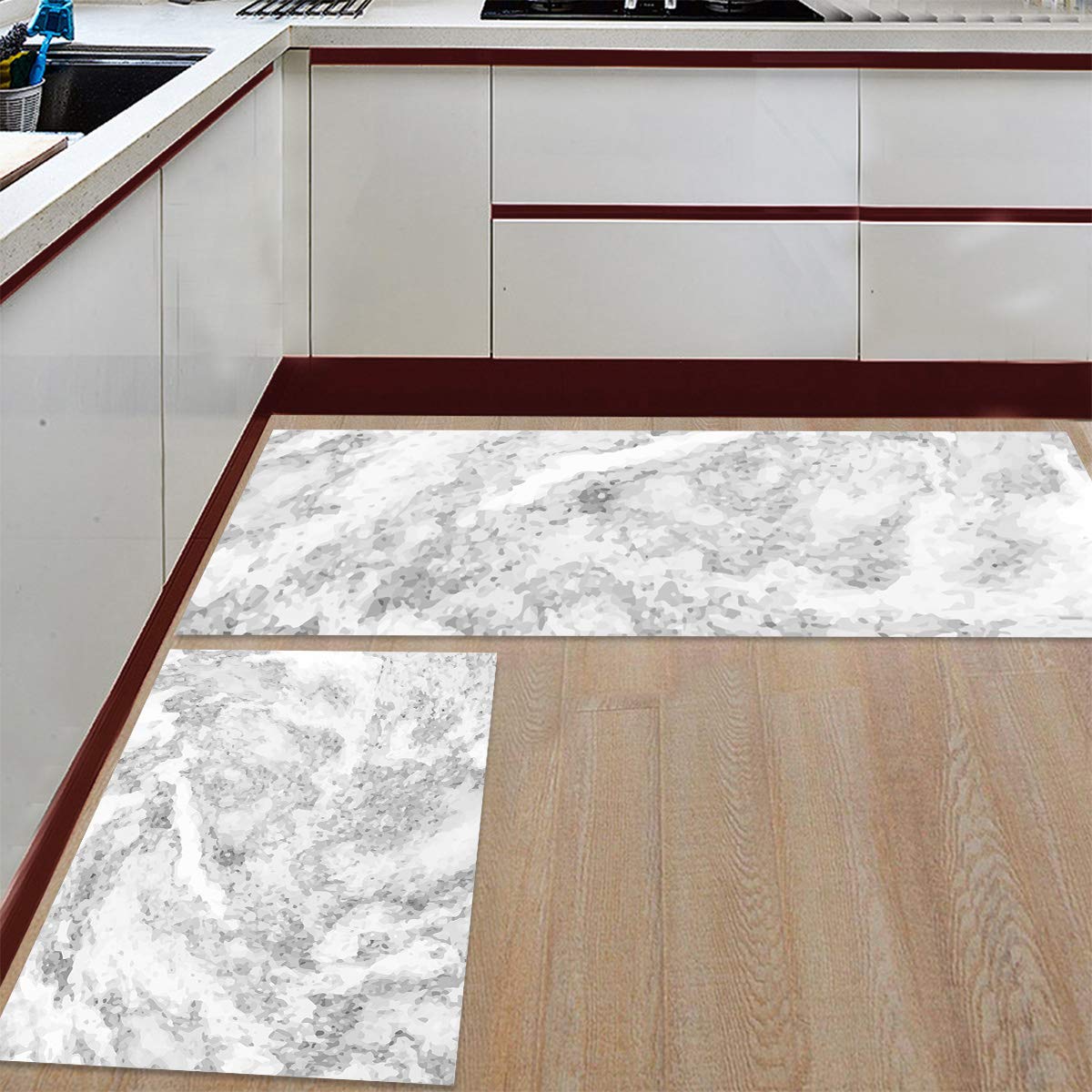 Teamery Non-Slip Kitchen Rugs Set of 2 - Cushioned Comfort Runner Mats for Living Room, Bathroom & Standing Desk - Grey Marble Texture Floor Mats for Entrance - Perfect for Home, Office & High-Traffic Areas