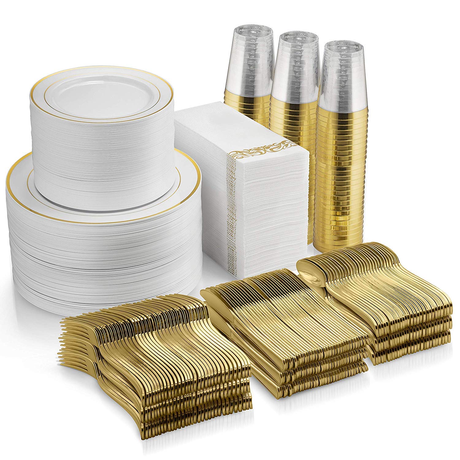 Munfix 700-Piece Elegant Gold Dinnerware Set - 200 Rim Plates, 300 Stainless Steel Silverware, 100 Durable Plastic Cups, 100 Premium Linen Napkins - Perfect for Weddings, Parties & Catering Events